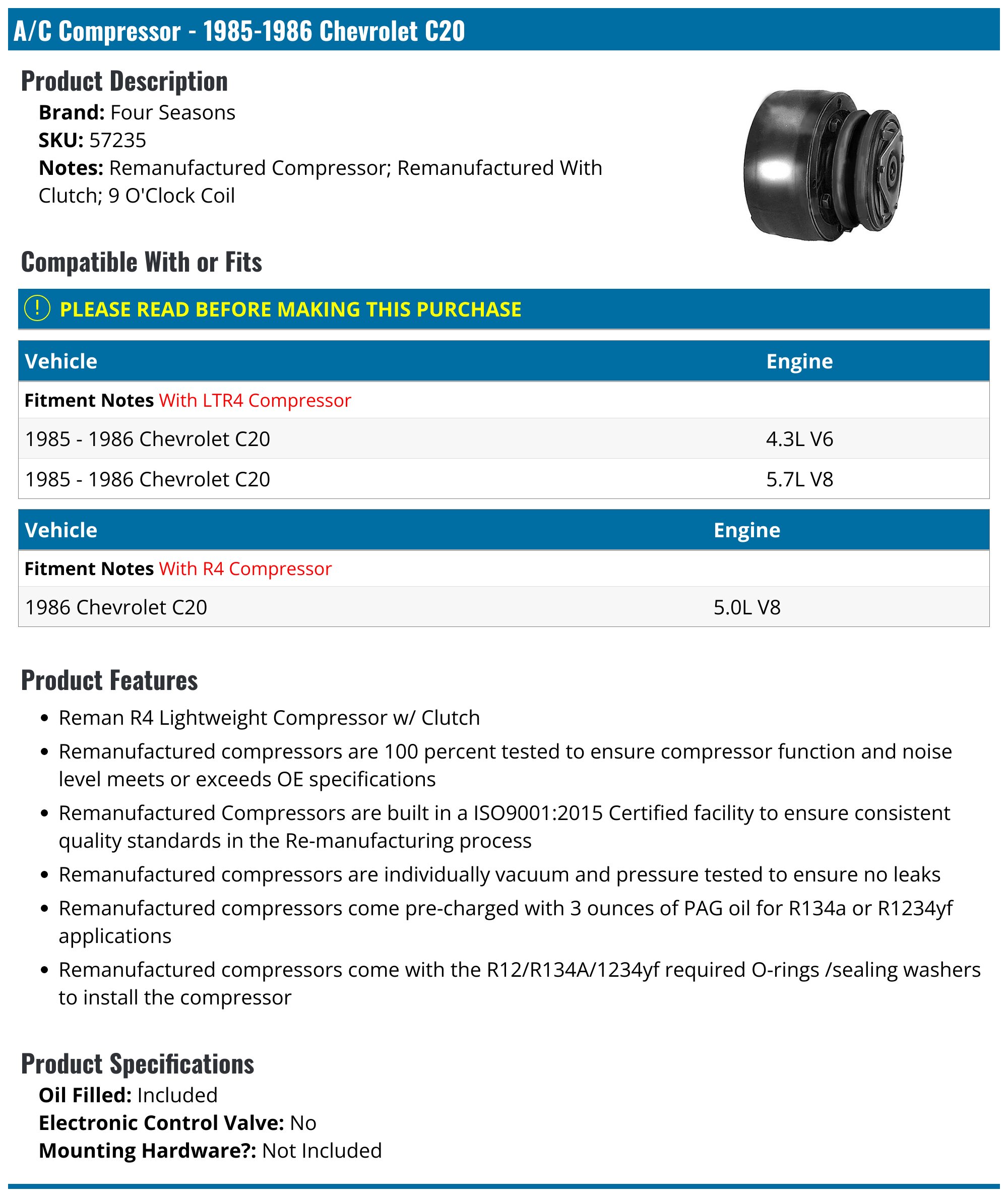 C20 Compressor 1985-1986 Chevrolet C20 A/C Compressor - Four Seasons 57235 - PartsGeek.com