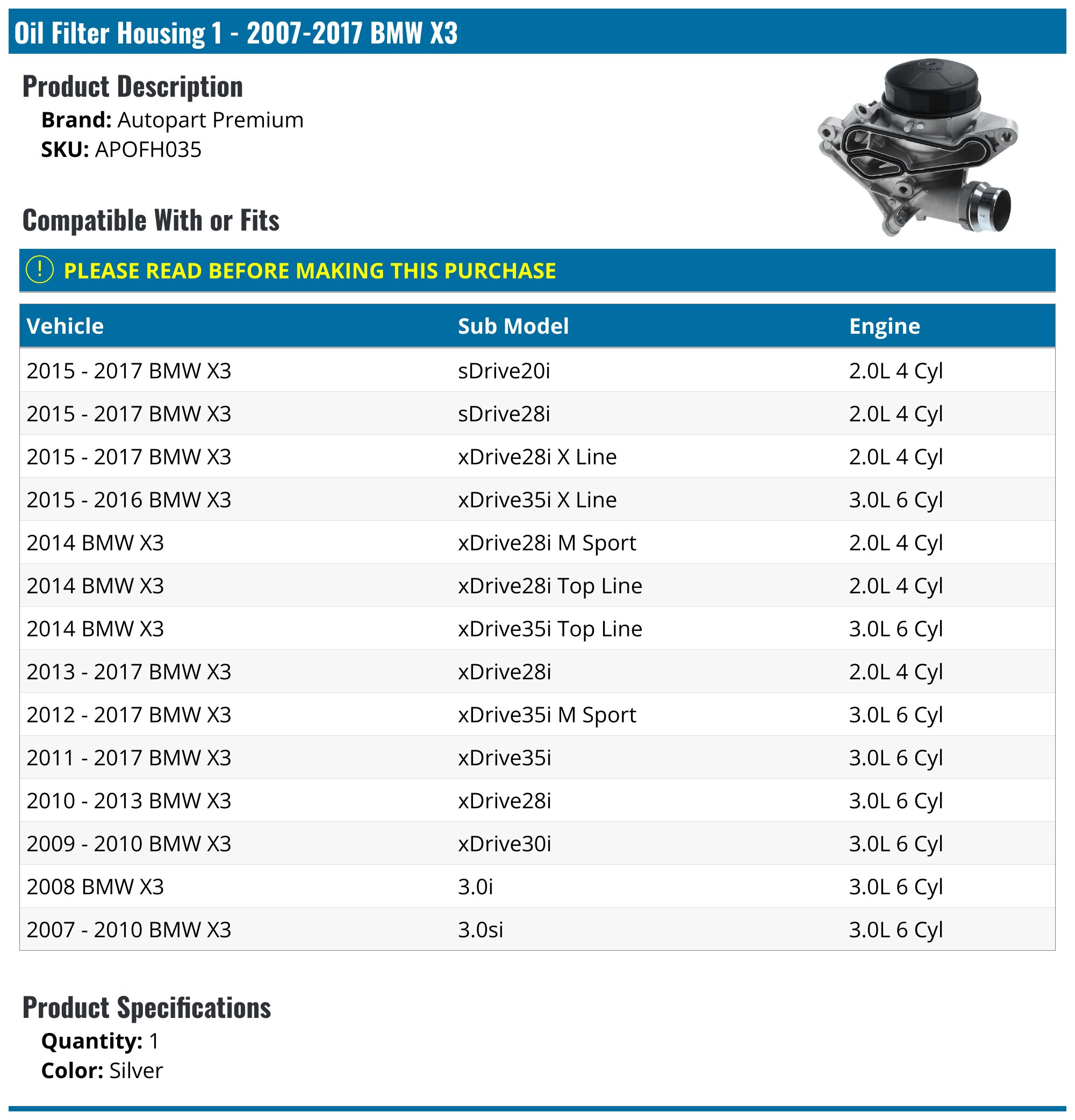 2007-2017 BMW X3 Oil Filter Housing - Autopart Premium APOFH035 ...