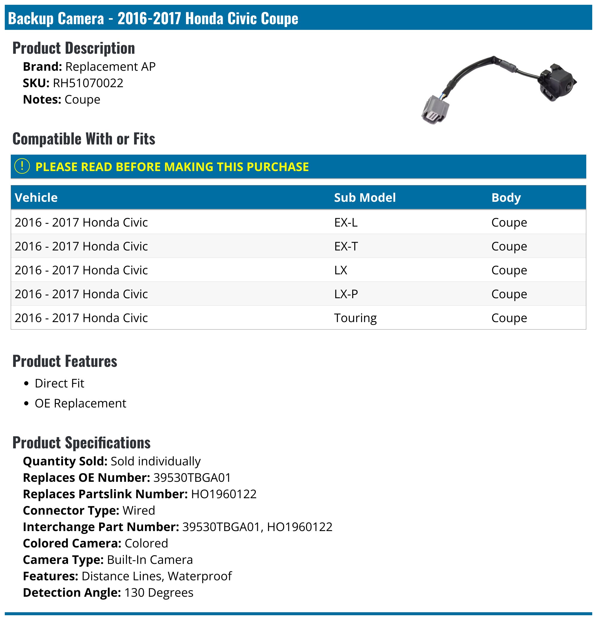 20162017 Honda Civic Backup Camera Replacement AP RH51070022