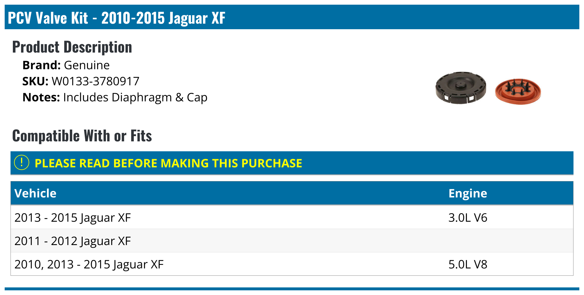 20102015 Jaguar XF PCV Valve Genuine W01333780917