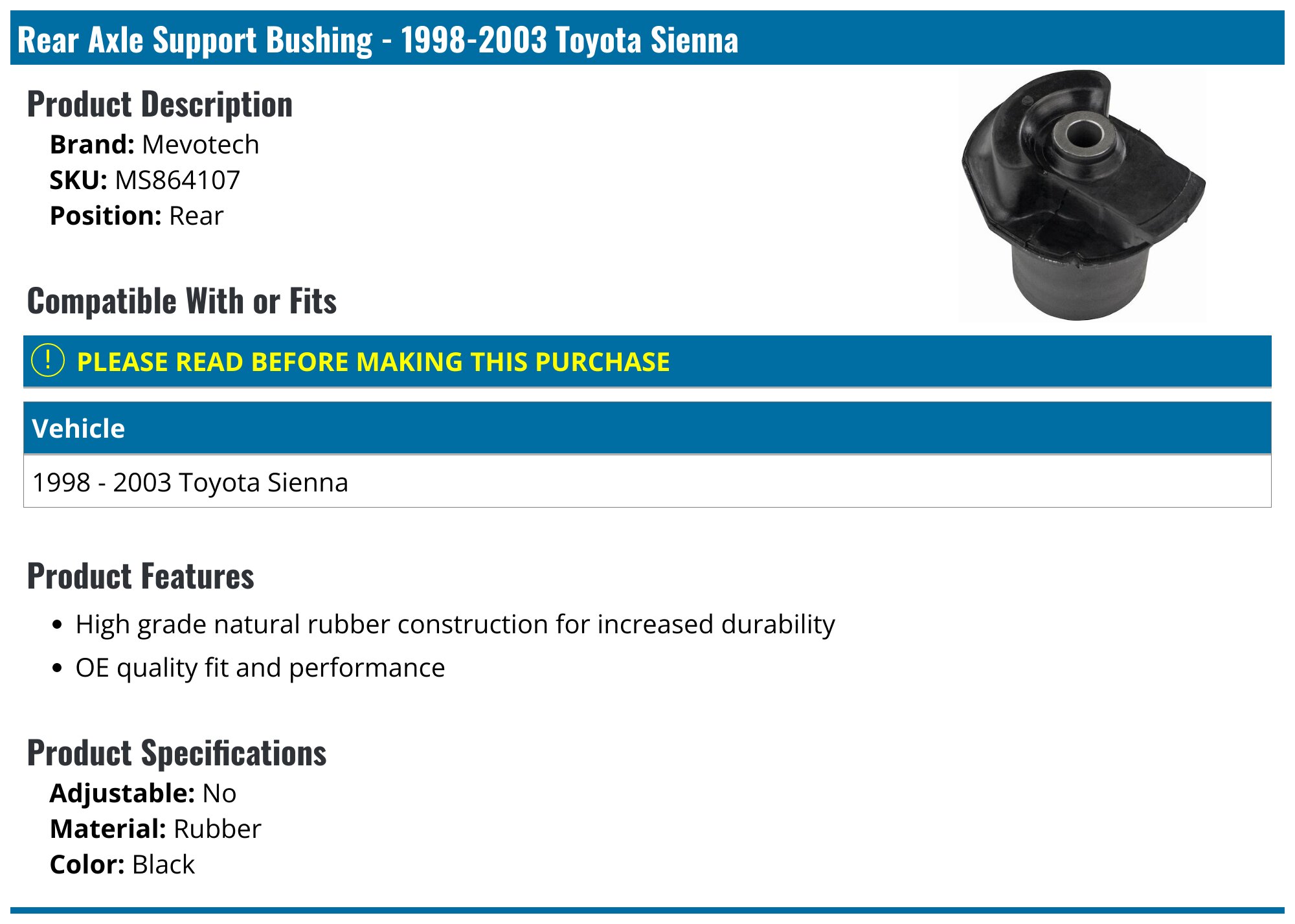 thumbnail image 2 of API Front Sway Bar Bushing Kit For Toyota Sienna 1998-2003 – 22169DT 2 of 5