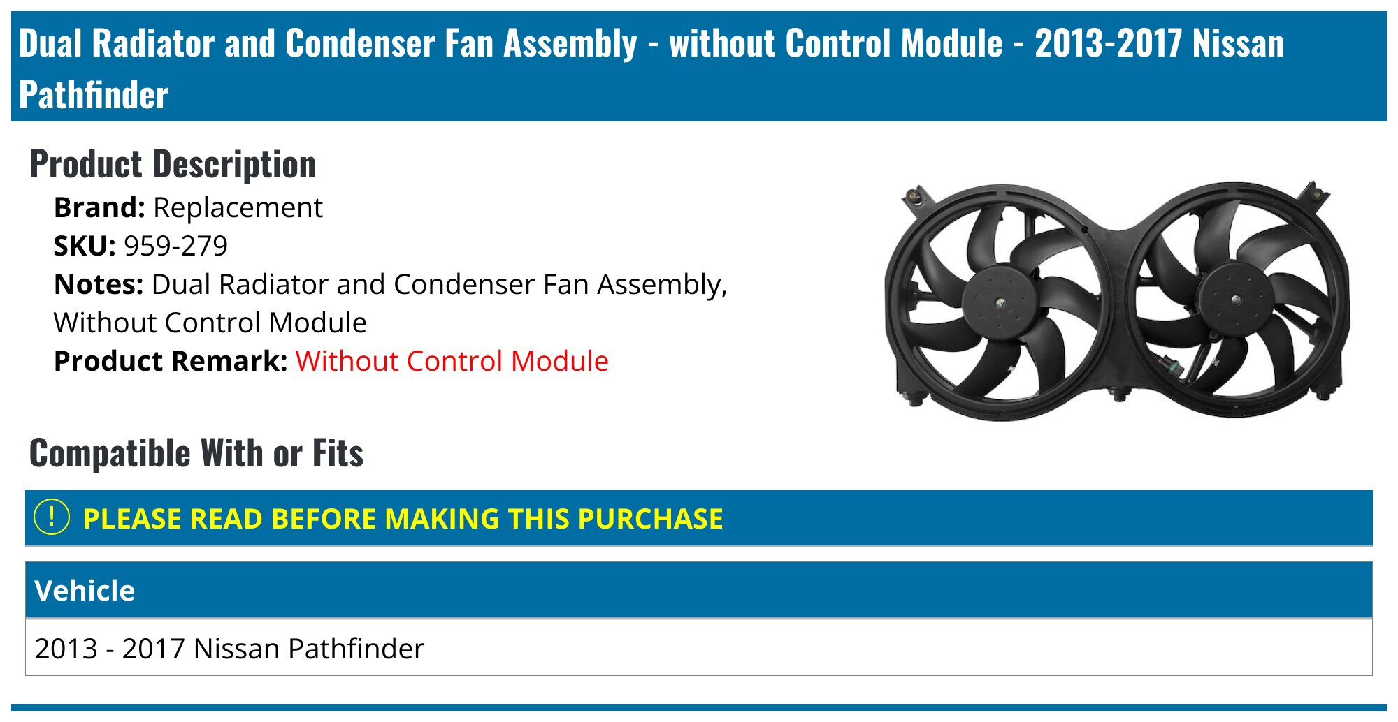 20132017 Nissan Pathfinder Radiator Fan Assembly Replacement 959279