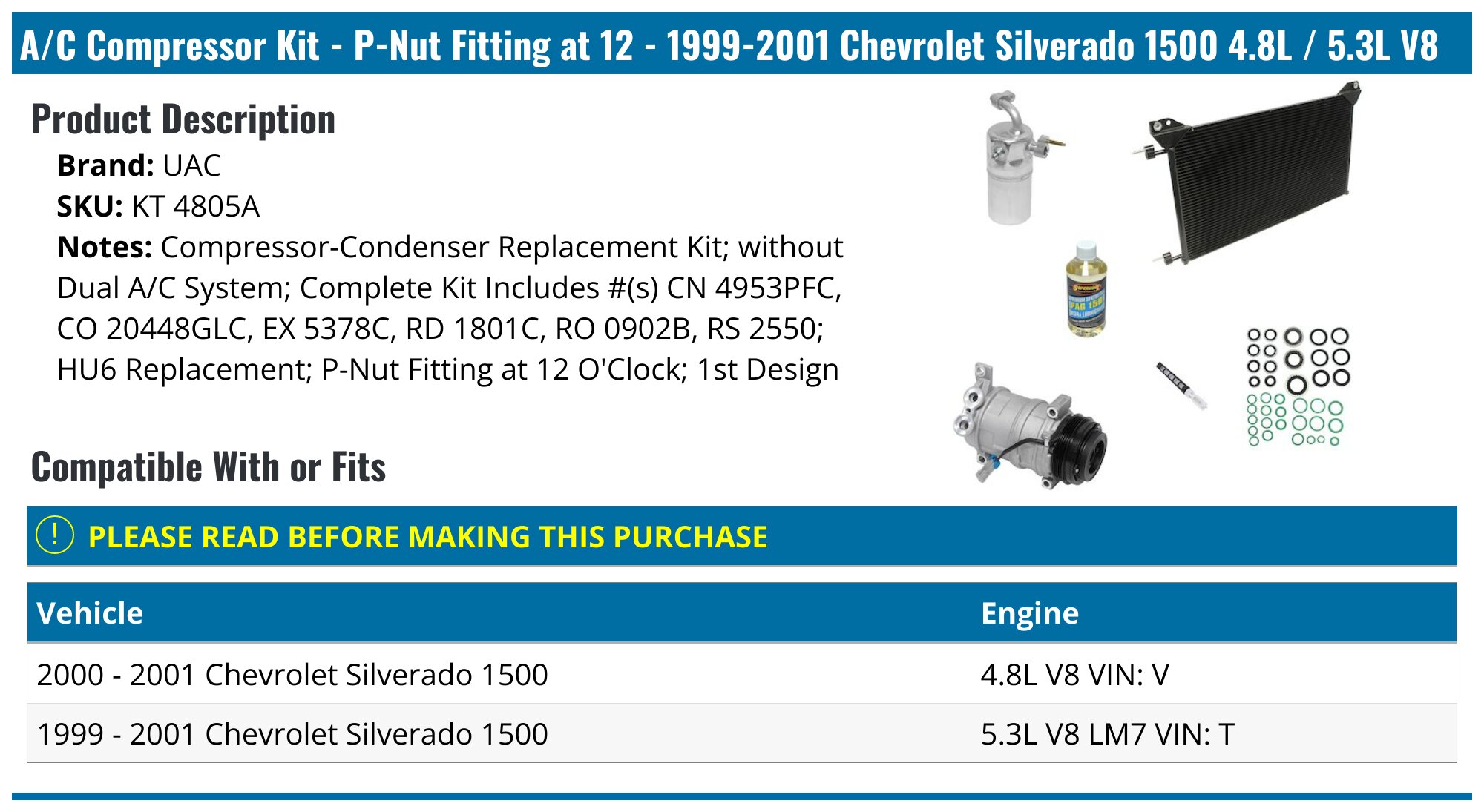 1999-2001 Chevrolet Silverado 1500 A/C Compressor - UAC KT 4805A