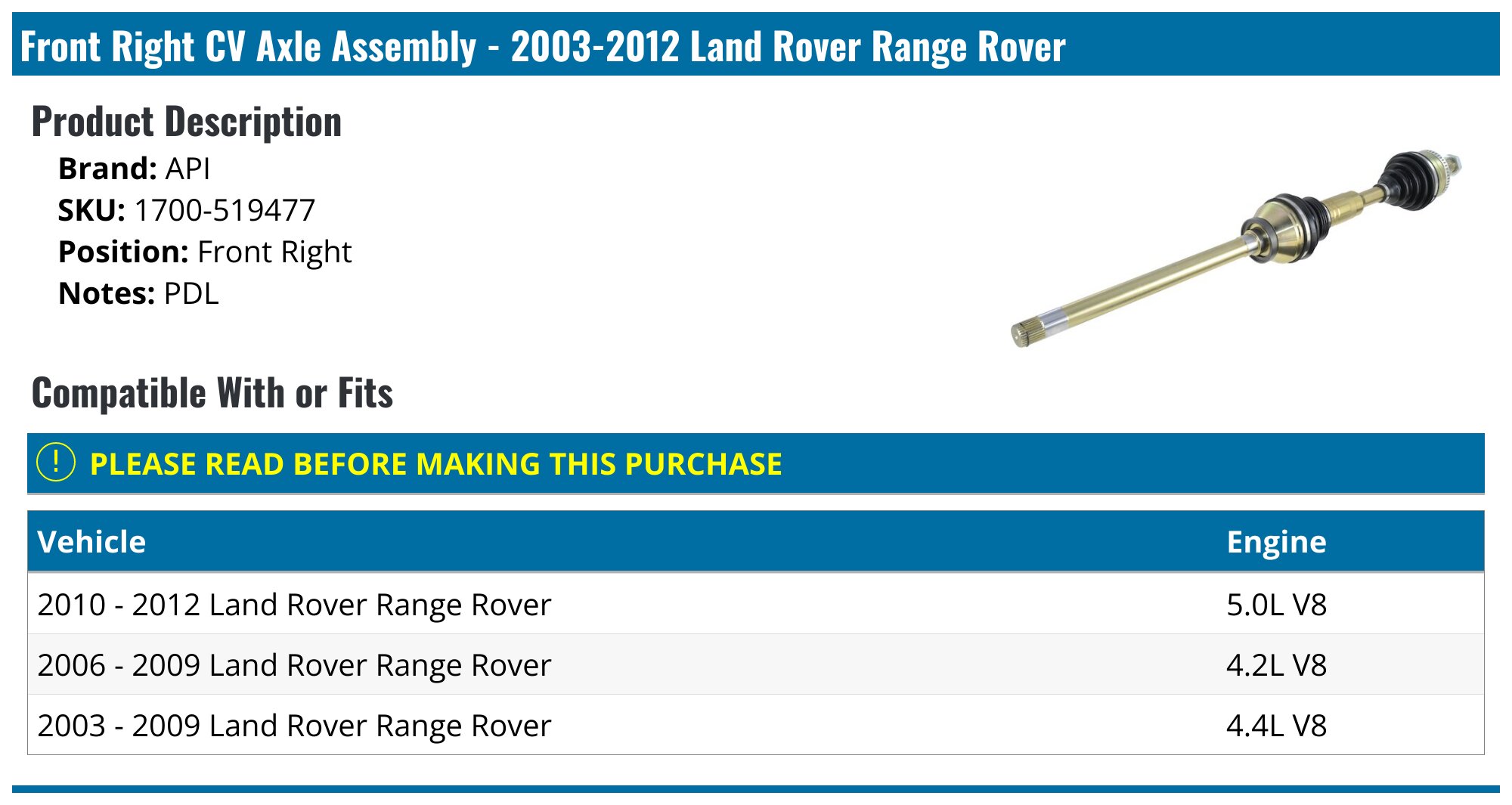2003-2012 Land Rover Range Rover Axle Assembly - API 301-07320012 ...