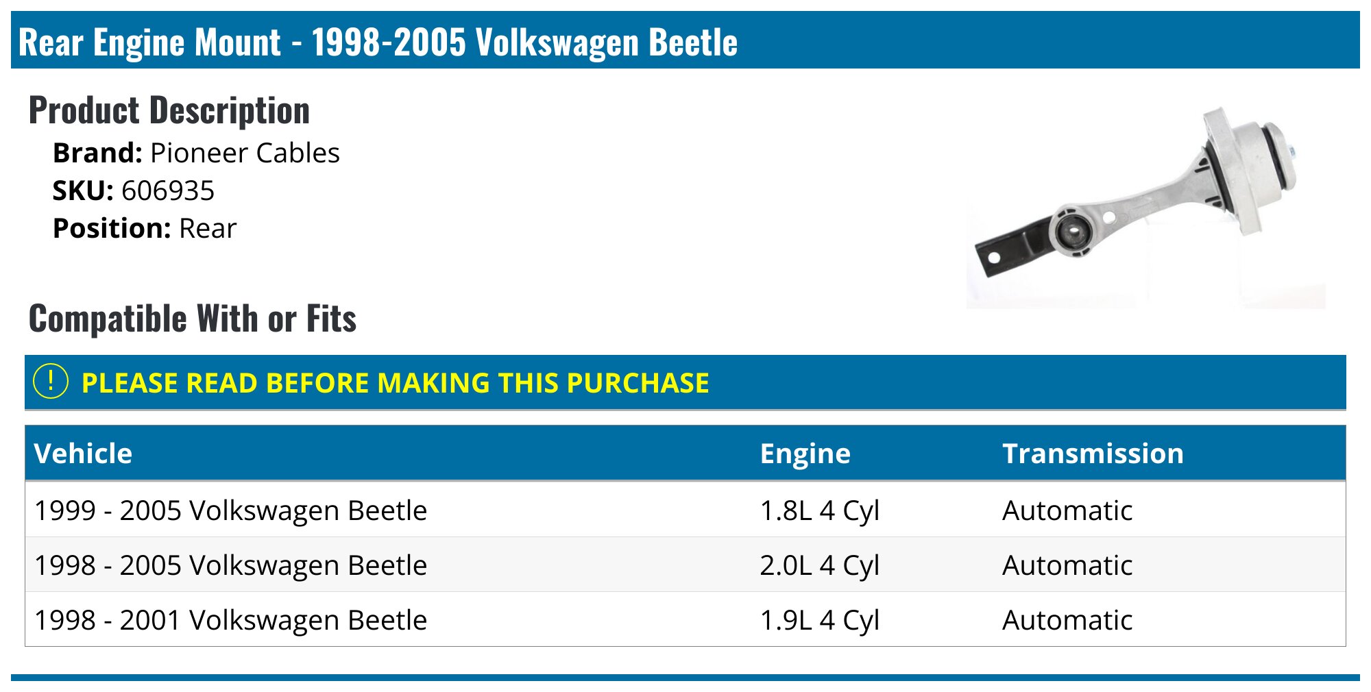 1998-2010 Volkswagen Beetle Engine Mount - Pioneer Cables 606935 - Rear ...