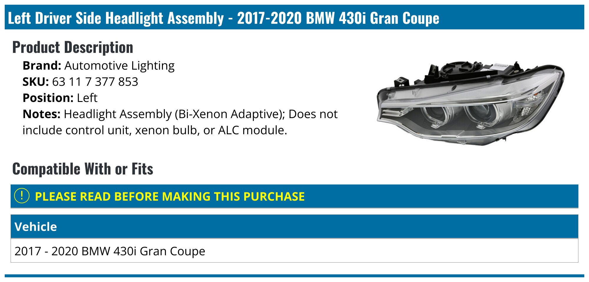2017-2020 BMW 430i Gran Coupe Headlight Assembly - Automotive Lighting ...