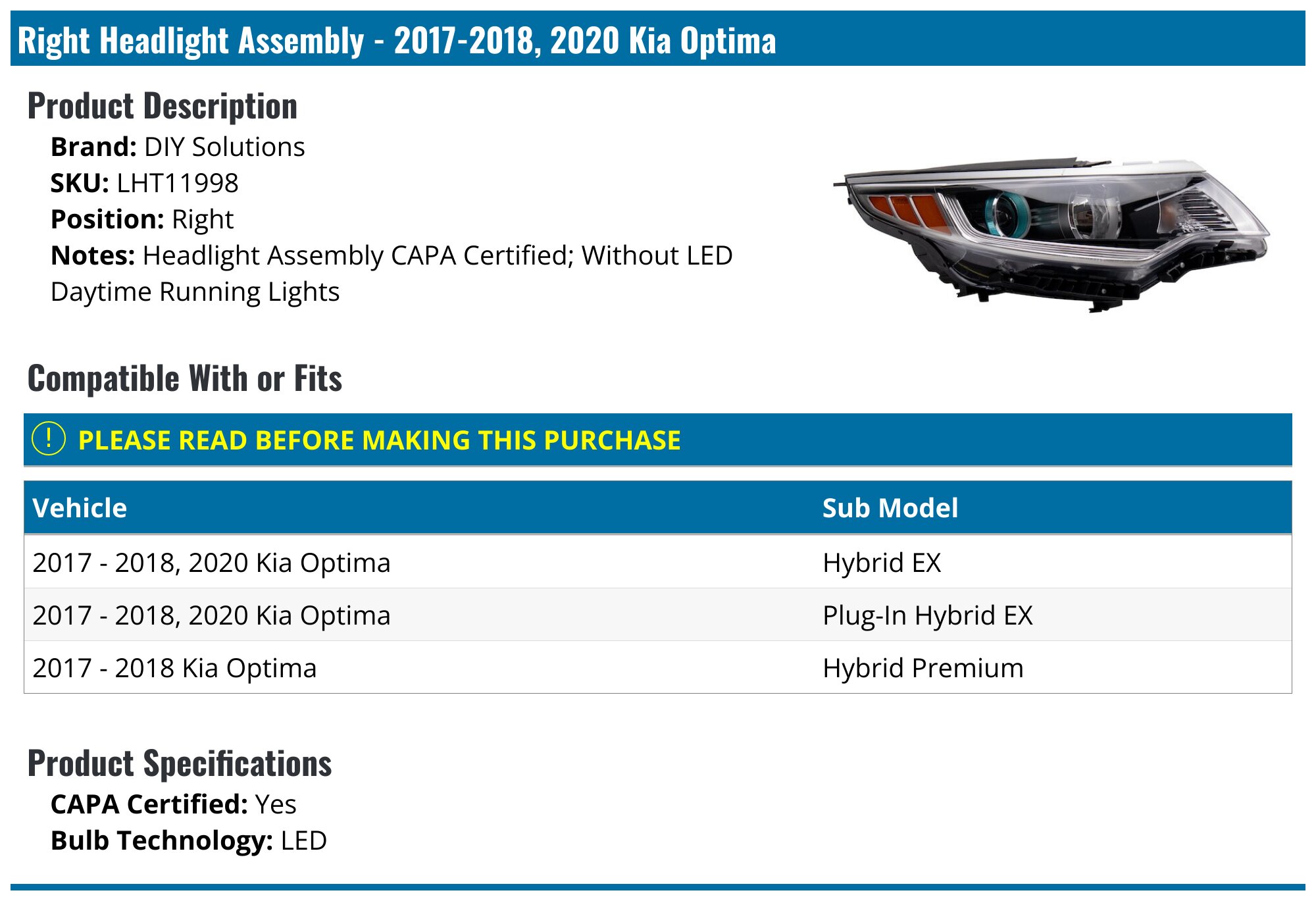 2017-2020 Kia Optima Headlight Assembly - DIY Solutions LHT11998 ...