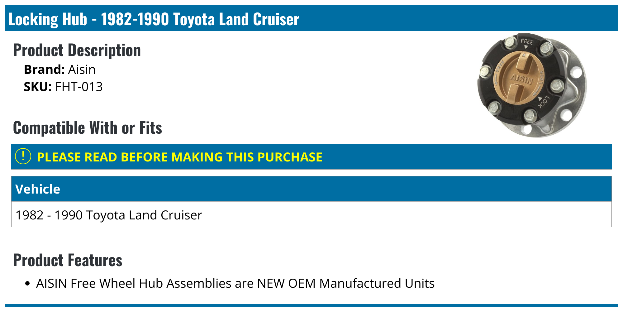 19821990 Toyota Land Cruiser Locking Hub Aisin FHT013