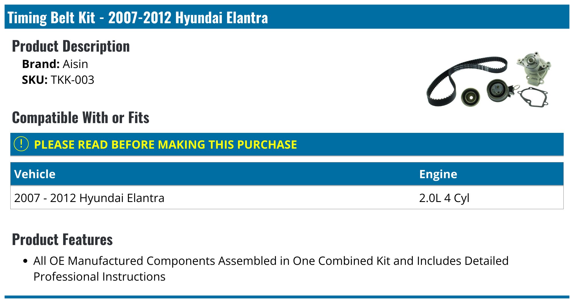 20072012 Hyundai Elantra Timing Belt Aisin TKK003