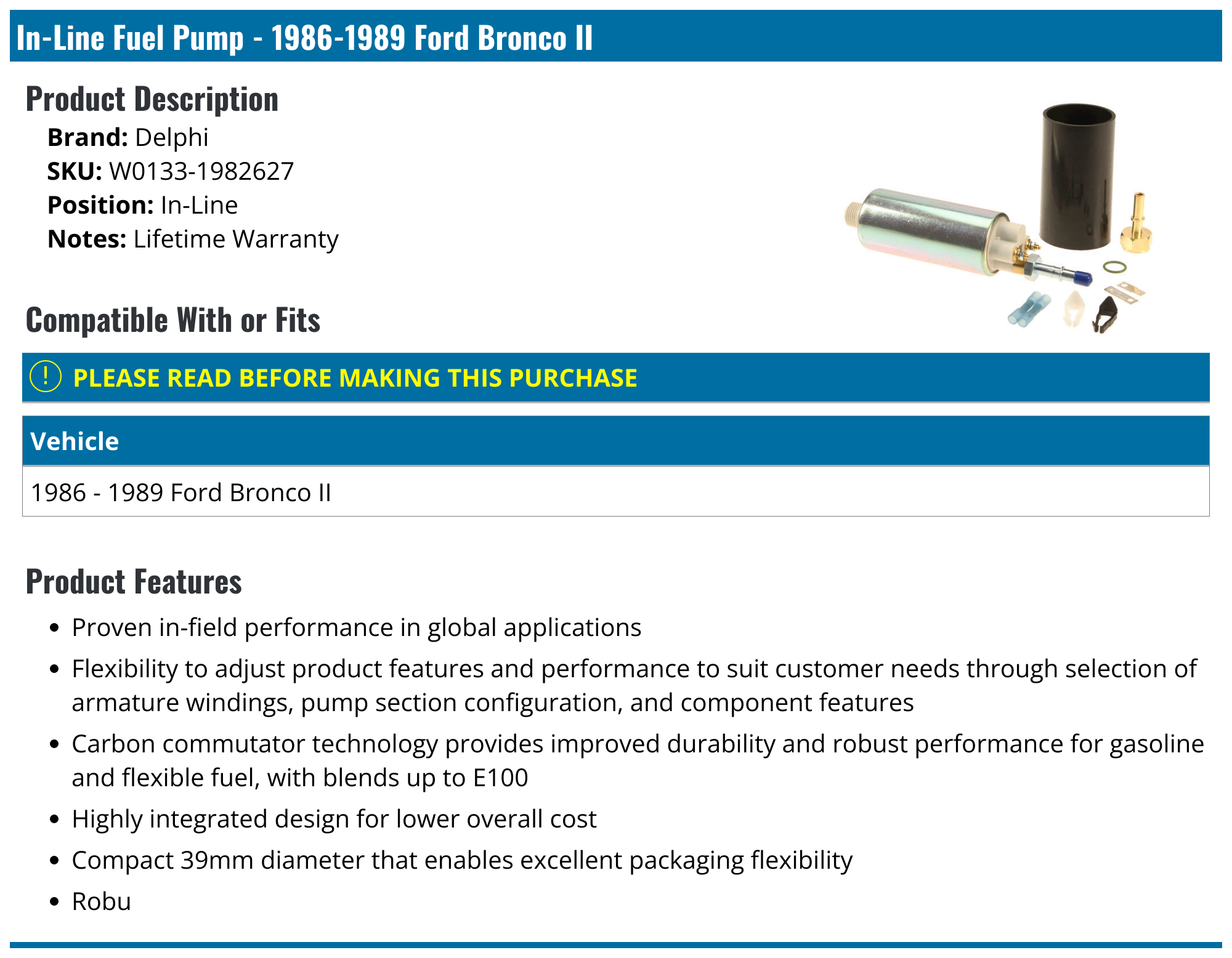 In-Line Fuel Pump - 1986-1989 Ford Bronco II - Delphi W0133-1982627, image size:2000x1556