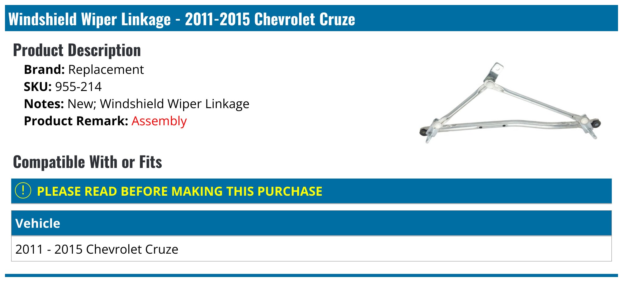 20112015 Chevrolet Cruze Windshield Wiper Linkage Replacement 955