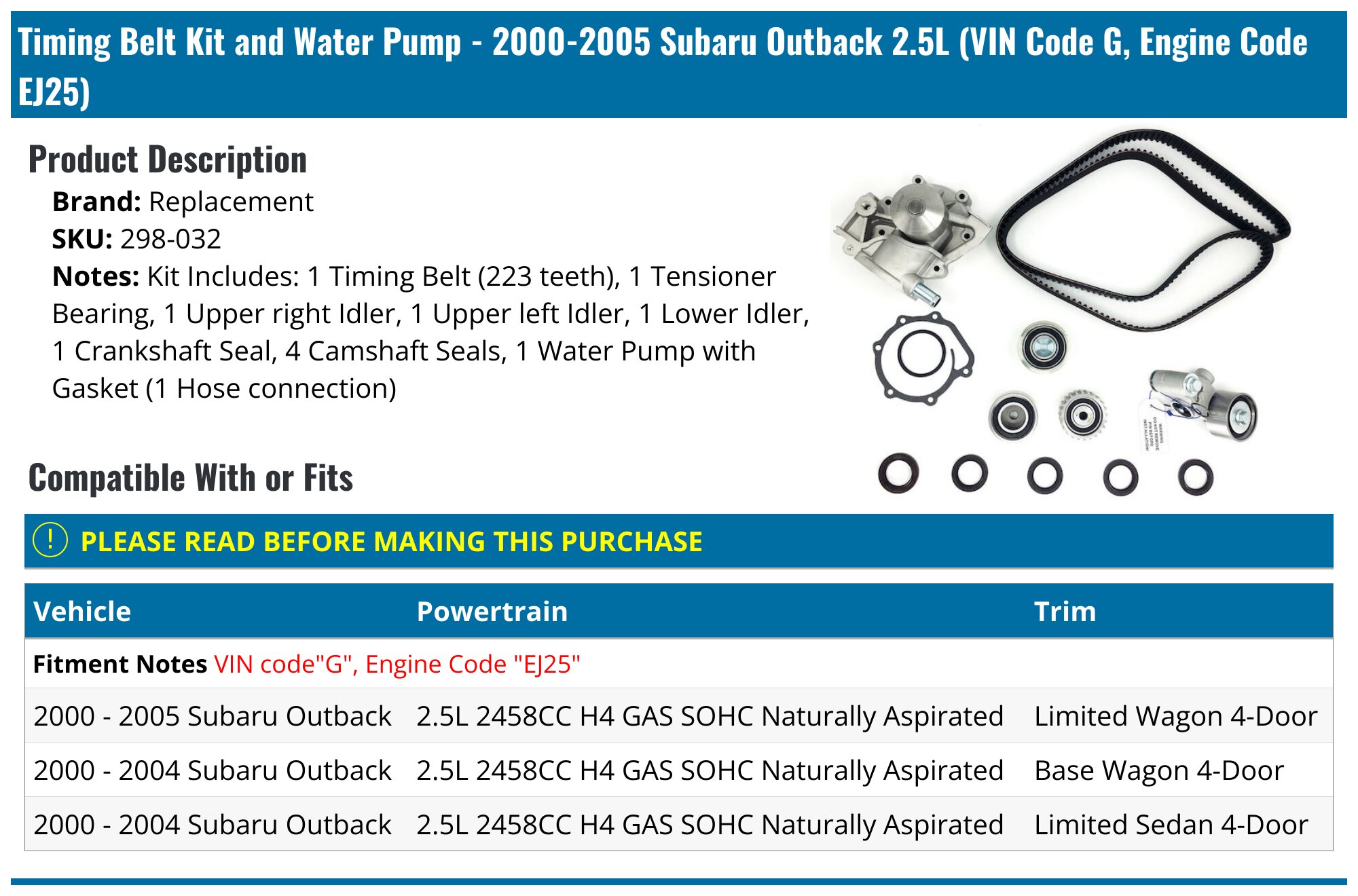 High Performance Timing Belt Kit For 00-09 Subaru Outback Legacy Baja 2.5L SOHC – All Gaskets & Tensioners Included