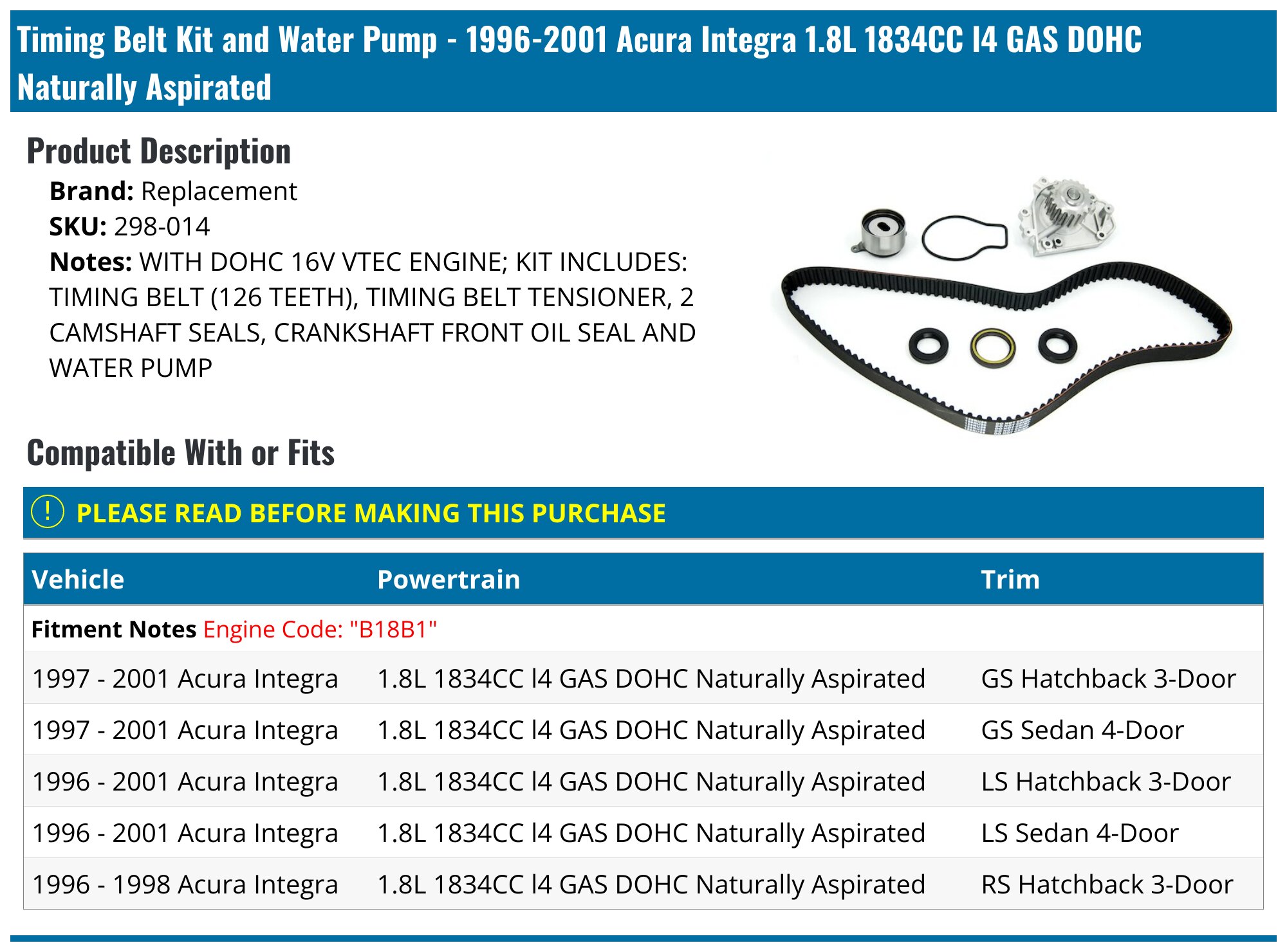 1996-2001 Acura Integra Timing Belt Replacement 298-014