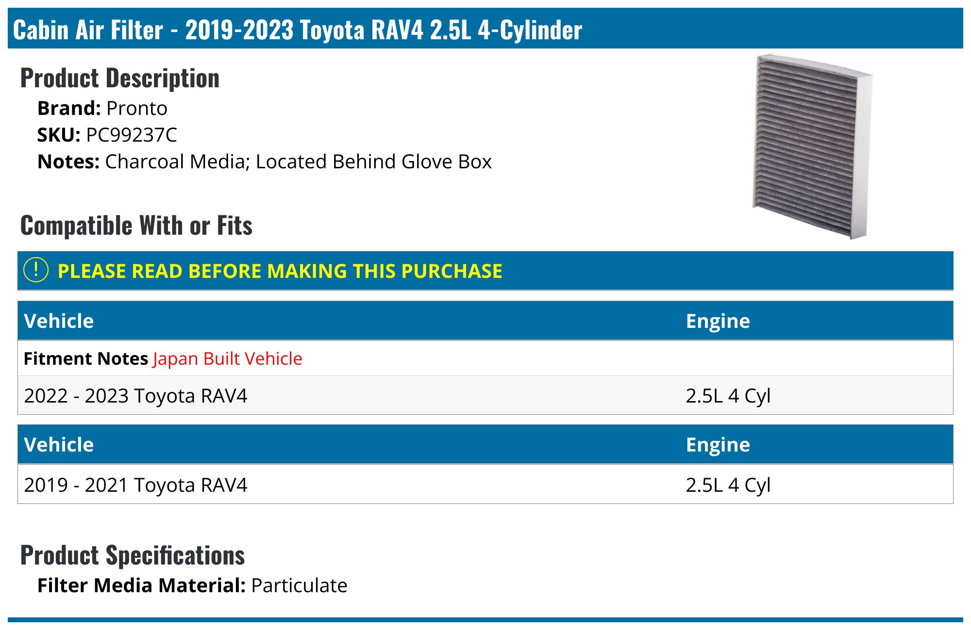 2019-2025 Toyota RAV4 Cabin Air Filter - Pronto PC99237C - PartsGeek.com