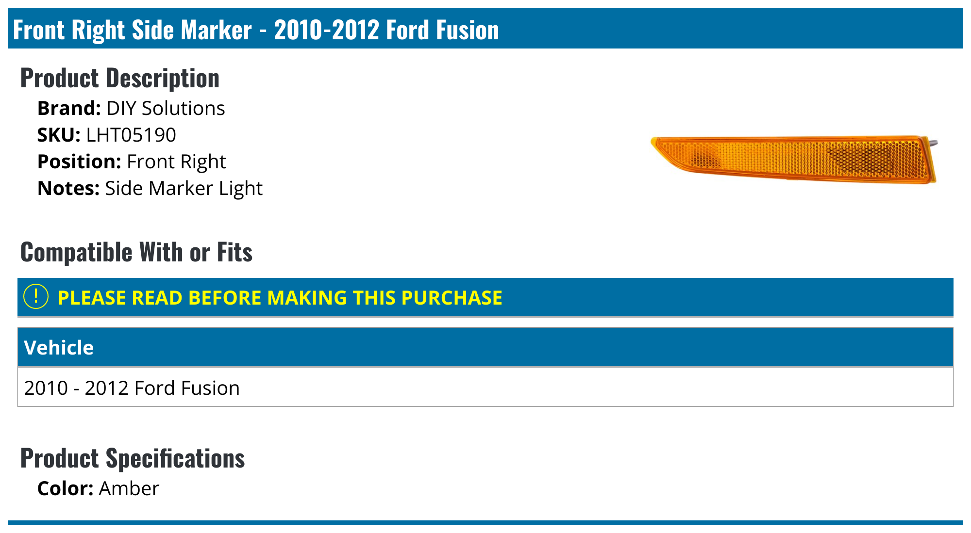 20102012 Ford Fusion Side Marker Light DIY Solutions LHT05190