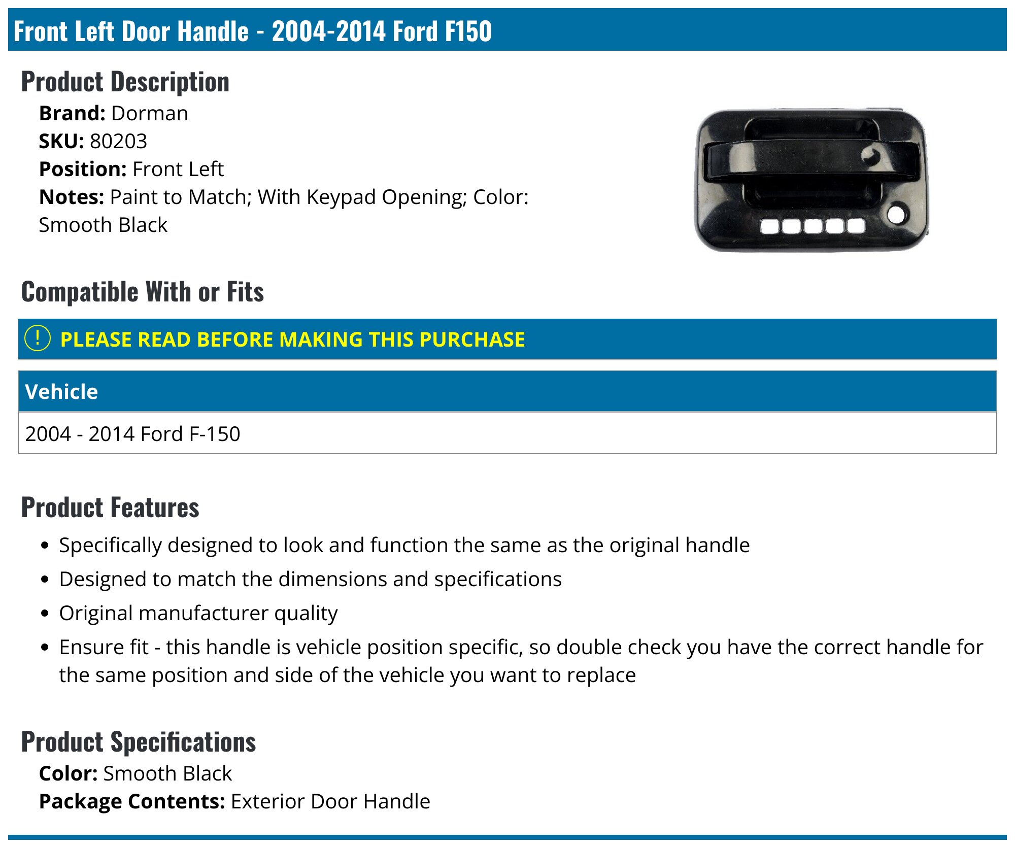 Front Left Door Handle For 2004-2014 Ford F-150 – Smooth Black, With Key Hole, Direct Replacement CL3Z1522405BB