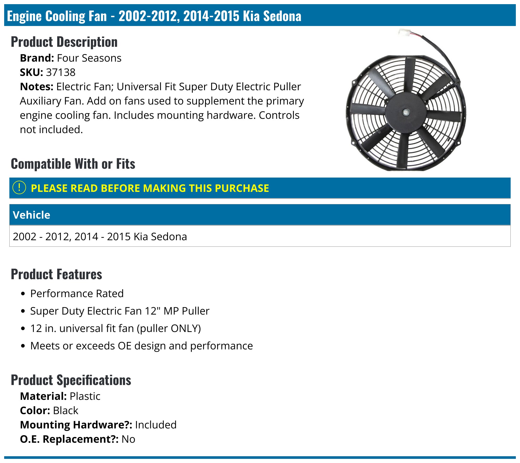 ECCPP Electric Radiator Cooling Fan – 2002–2005 Kia Sedona, Driver Side, 12V, 1350 CFM