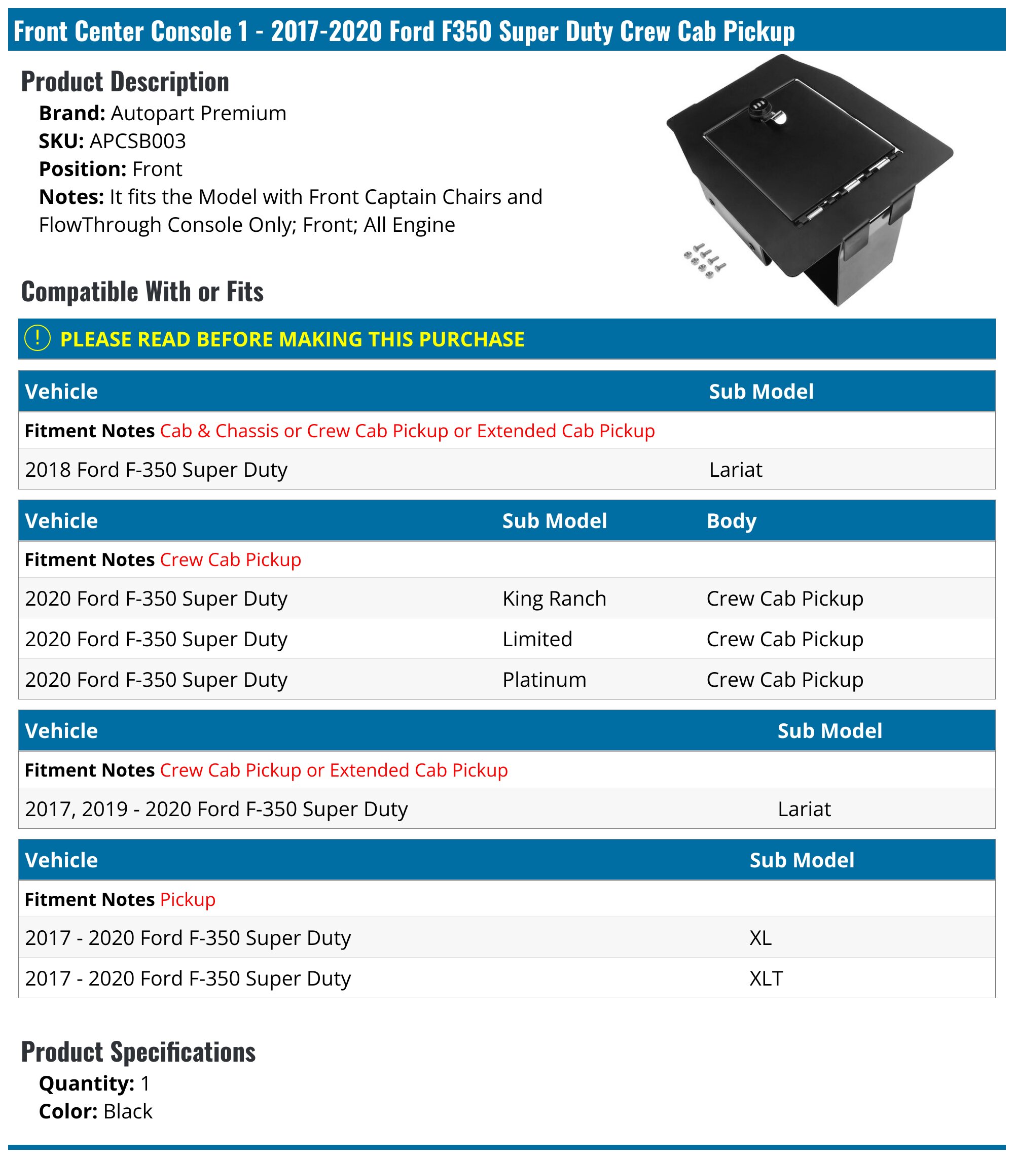 2017-2020 Ford F350 Super Duty Center Console - Autopart Premium ...