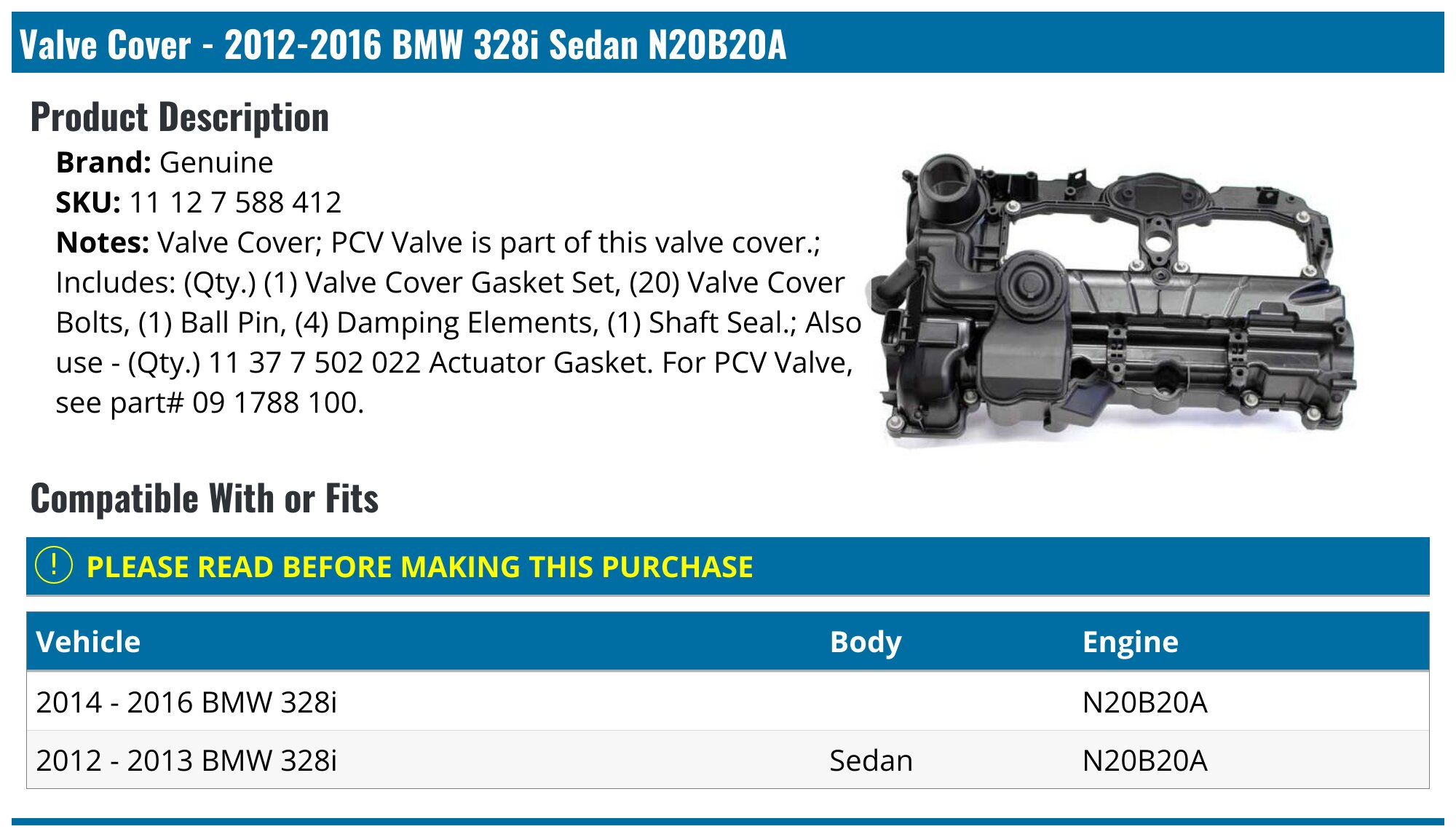 2012-2016 BMW 328i Valve Cover - Genuine 11 12 7 588 412 - PartsGeek.com