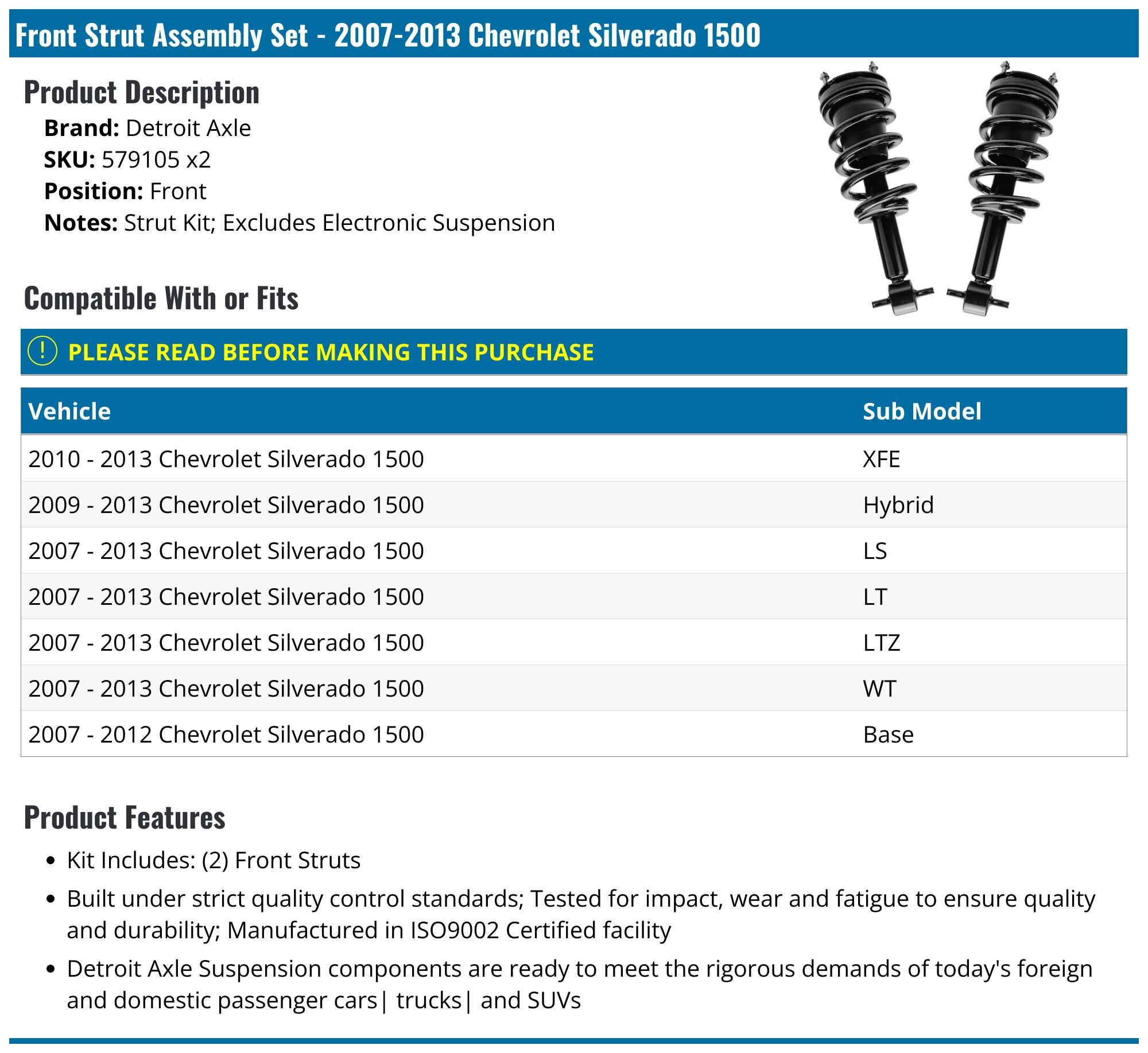 2007-2013 Chevrolet Silverado 1500 Strut Assembly - Detroit Axle 579105 ...