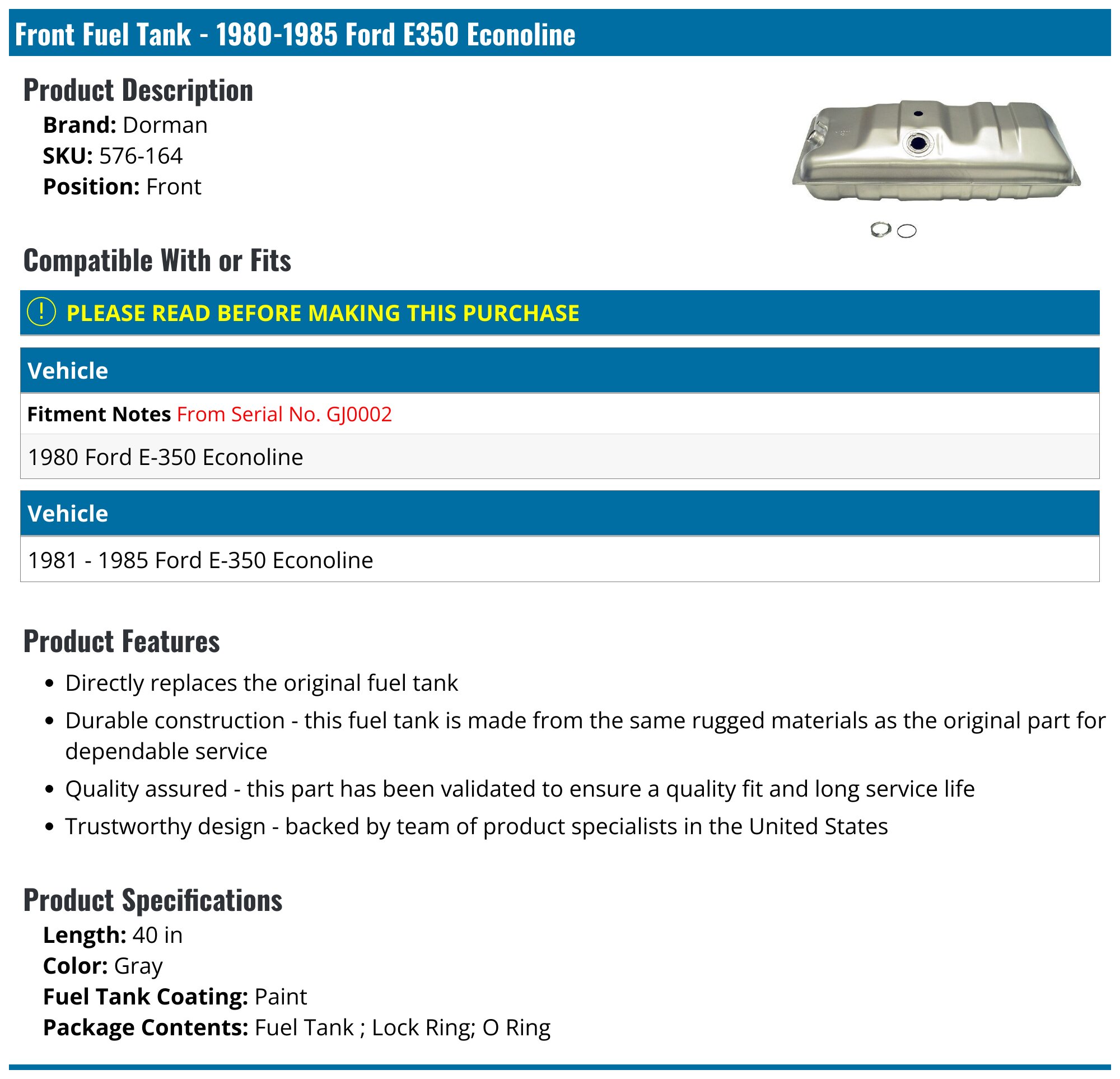 Replacement 18 Gallon Fuel Gas Tank For 1986–1990 Ford E-Series Vans – Direct Fit, Galvanized Steel