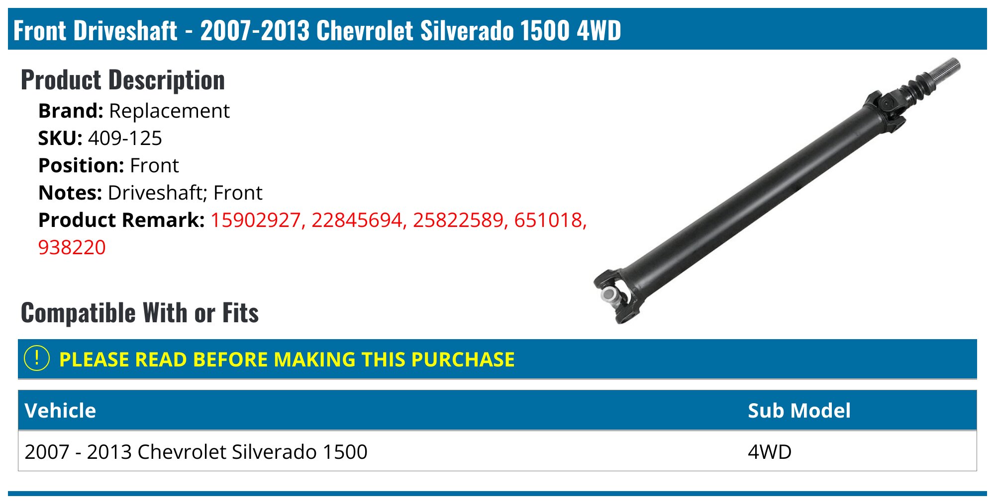 2007-2013 Chevrolet Silverado 1500 Drive Shaft - Replacement 409-125 ...