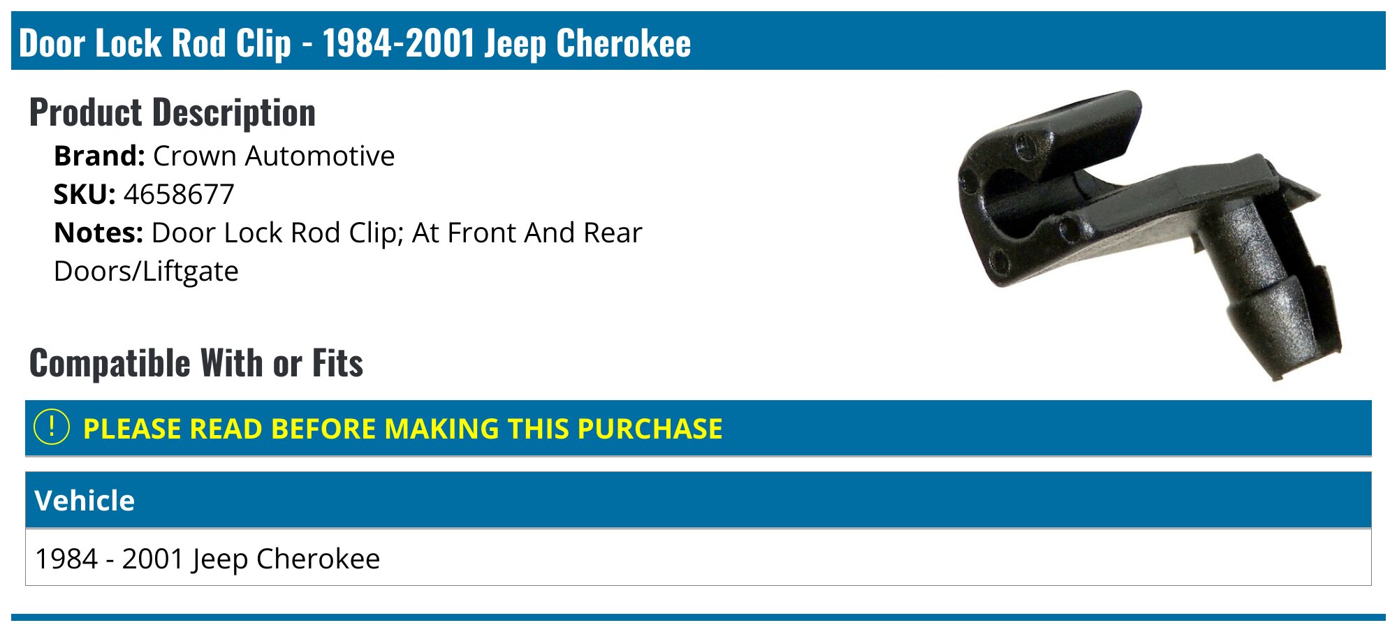 1984-2001 Jeep Cherokee Door Lock Rod Clip - Crown Automotive 4658677 ...
