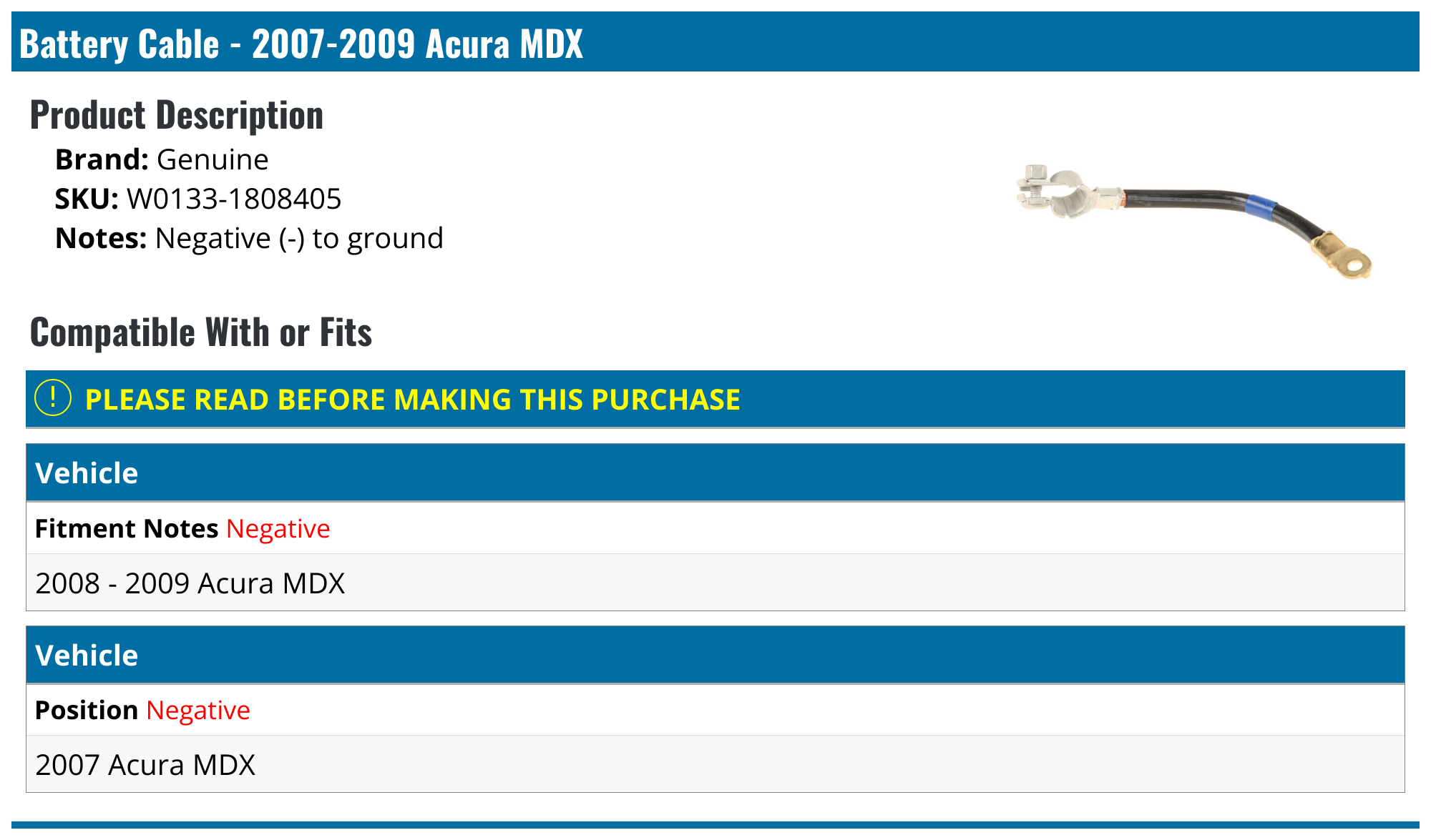 Genuine W0133-1808405 Battery Cable for Acura MDX 2007, image size:2000x1175