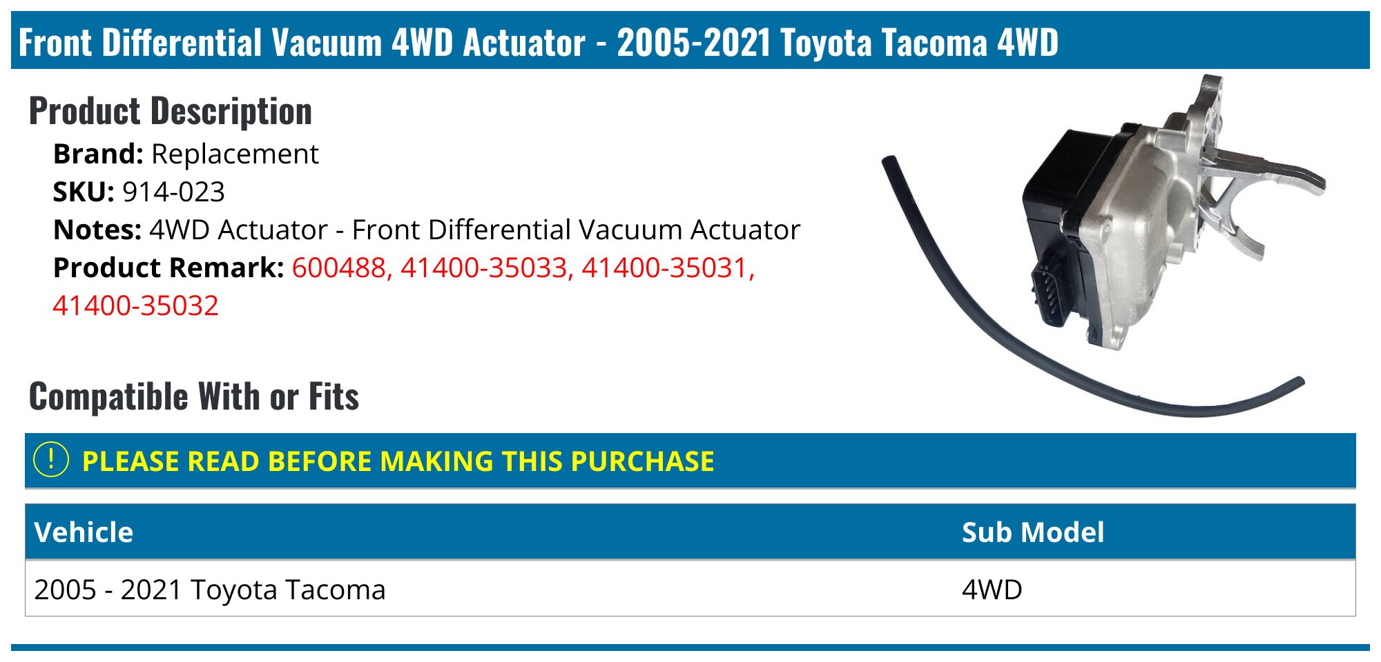 2005-2021 Toyota Tacoma 4WD Actuator - Replacement 914-023 ...