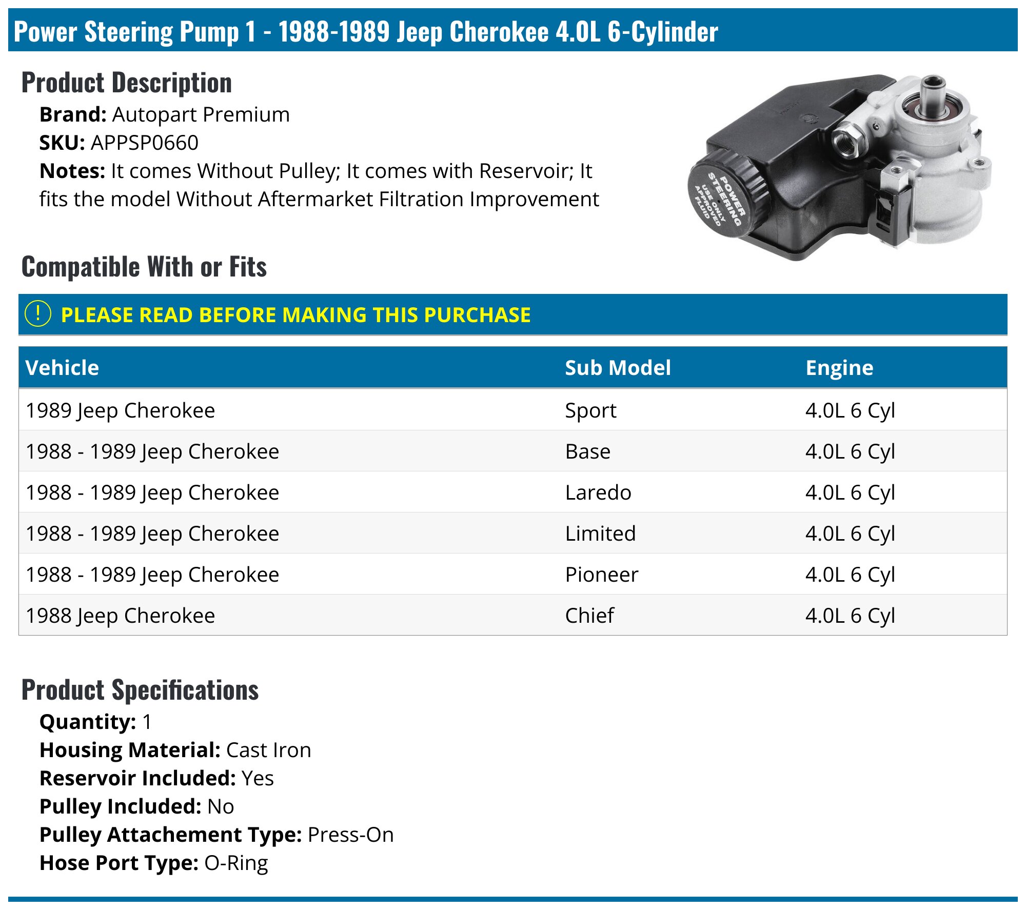 Power Steering Pump With Reservoir For Jeep Cherokee, Comanche, Wagoneer (1988-1989, 4.0L L6)