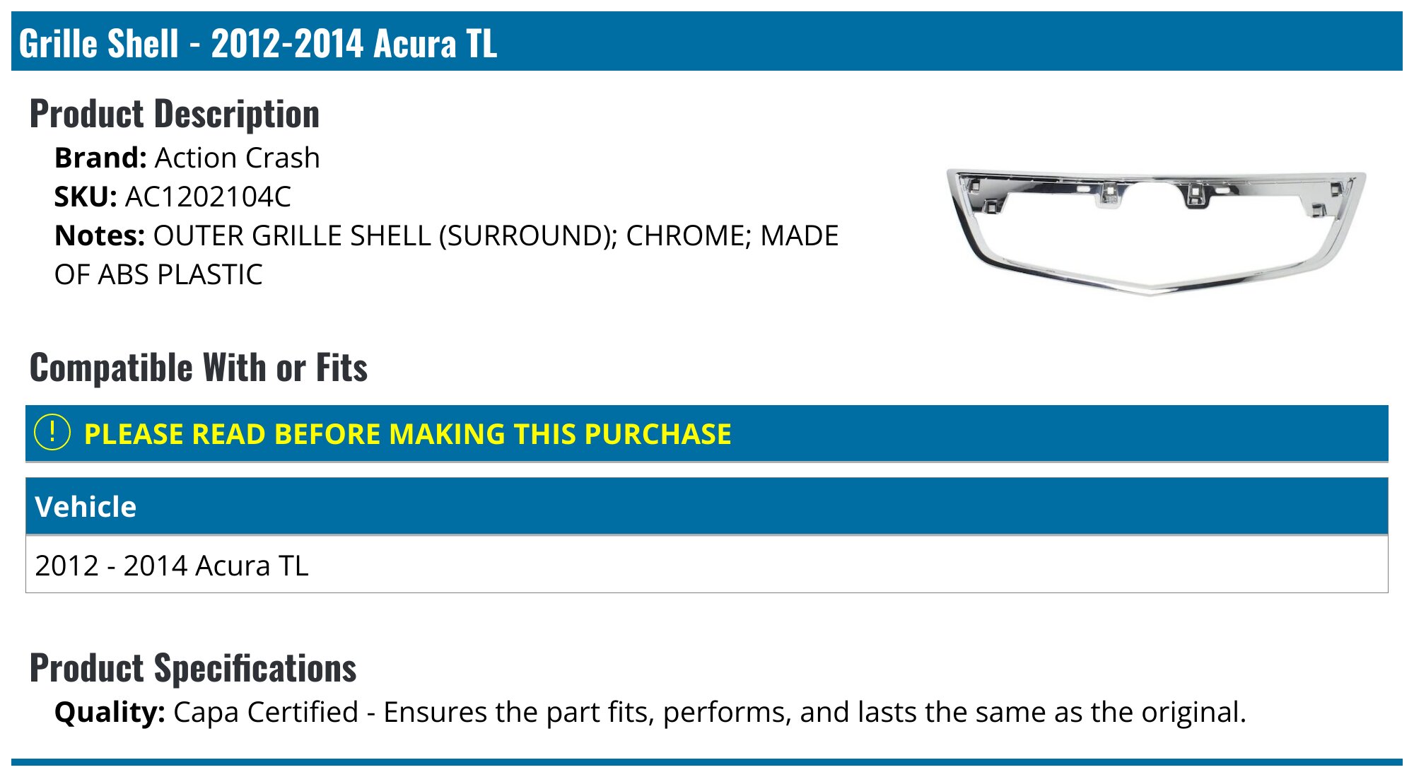 Chrome Front Bumper Upper Grille For Acura TSX 2012-2014 – Mesh Style, ABS Plastic