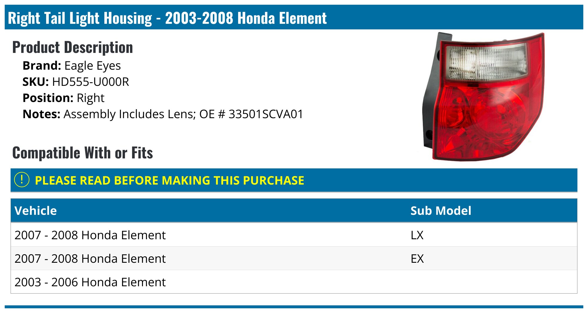 Right Passenger Tail Light For 2003-2008 Honda Element EX/LX Models - Direct Fit 8 thumbnail image