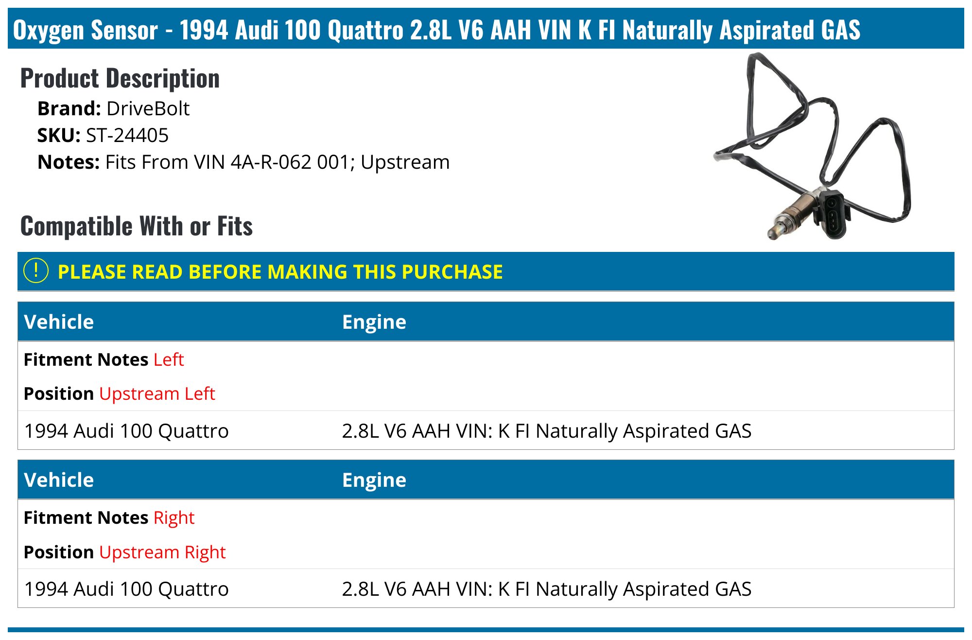 1994 Audi 100 Quattro Oxygen Sensor - DriveBolt ST-24405 - Upstream ...