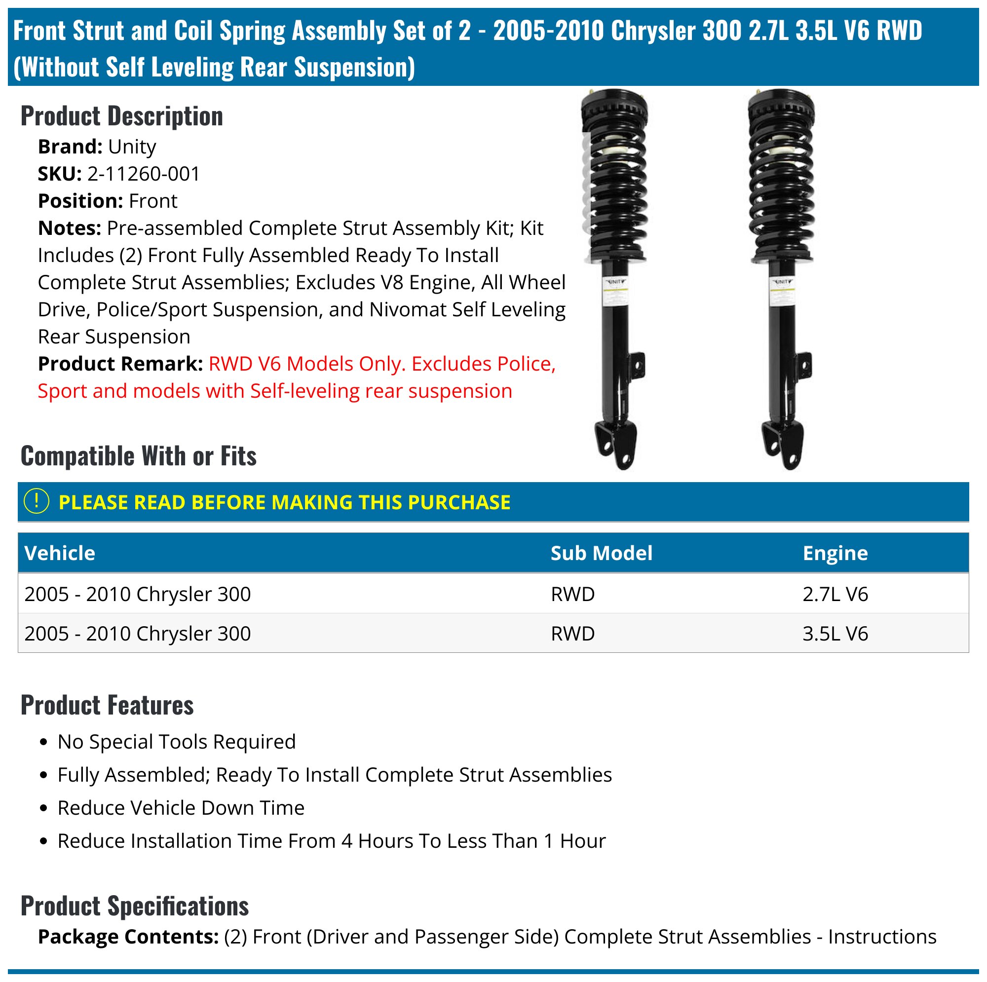 2005-2010 Chrysler 300 Strut Assembly - Unity 2-11260-001 - Front ...