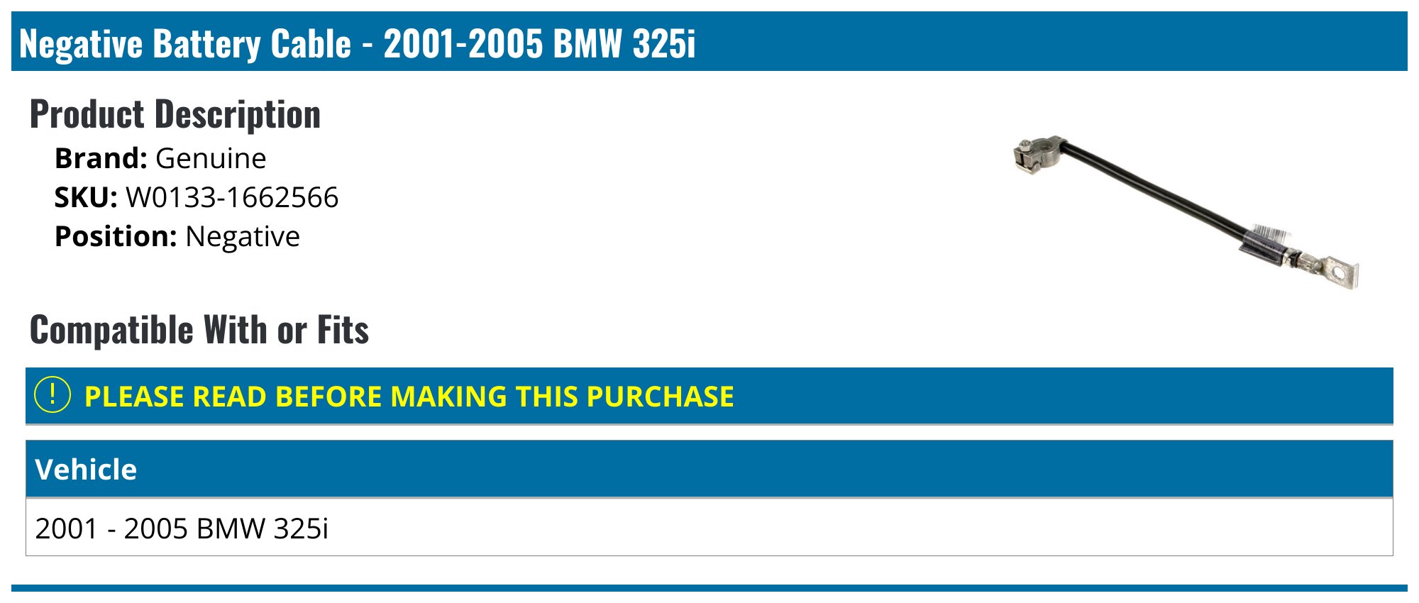 2001-2005 BMW 325i Battery Cable - Genuine W0133-1662566 - Negative ...