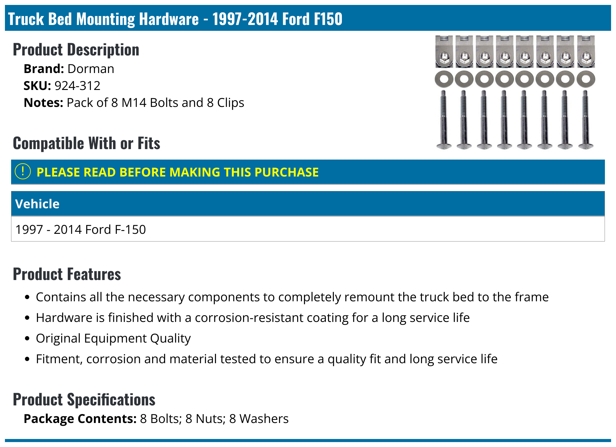 19972014 Ford F150 Truck Bed Mounting Hardware Dorman 924312