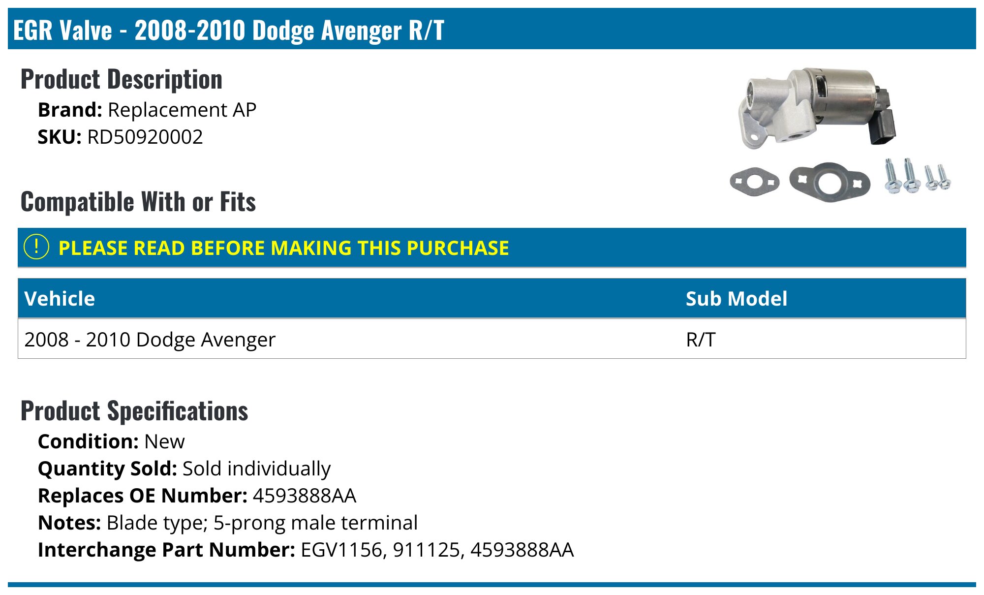 20082010 Dodge Avenger EGR Valve Replacement AP RD50920002