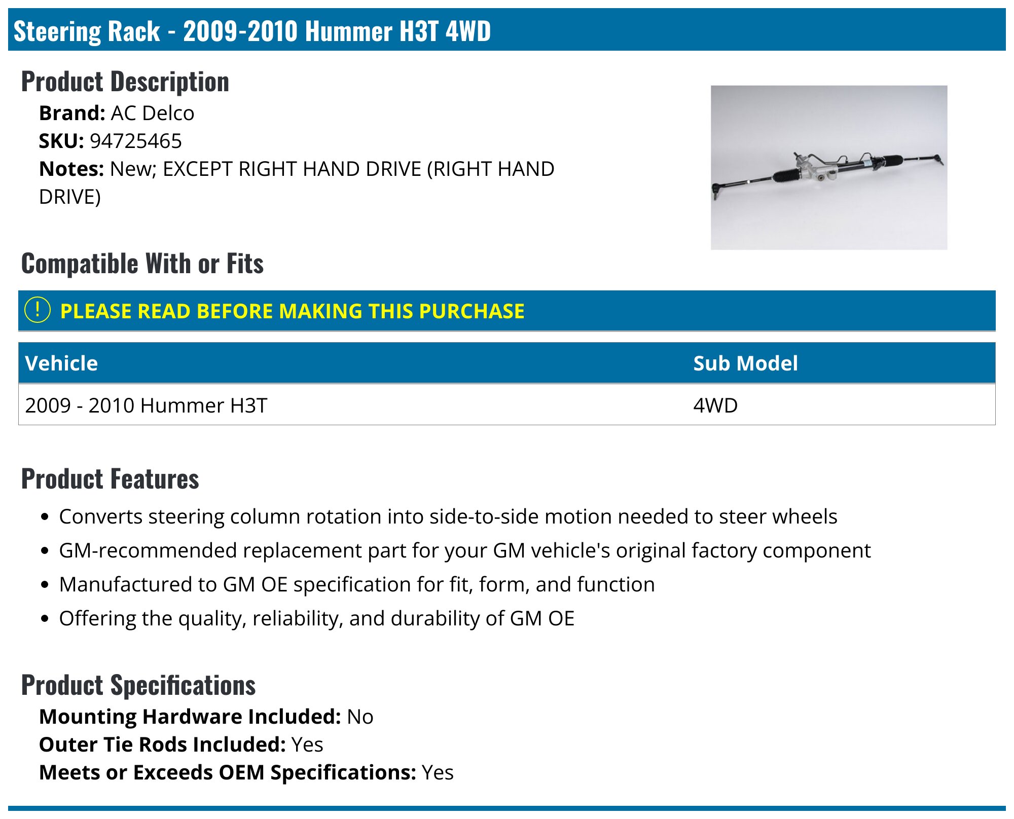 Autodayplus Complete Power Steering Rack And Pinion For 2006-2010 Hummer H3 / H3T – Hydraulic – 3 Year Warranty