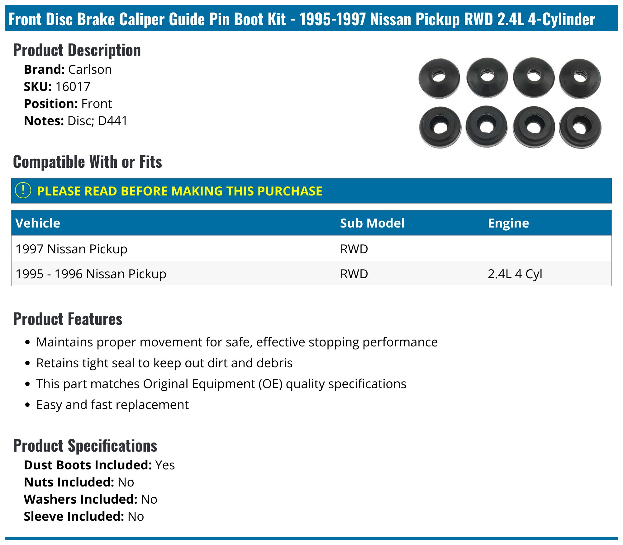 Carlson Disc Brake Caliper Pin Kit P/N:14058