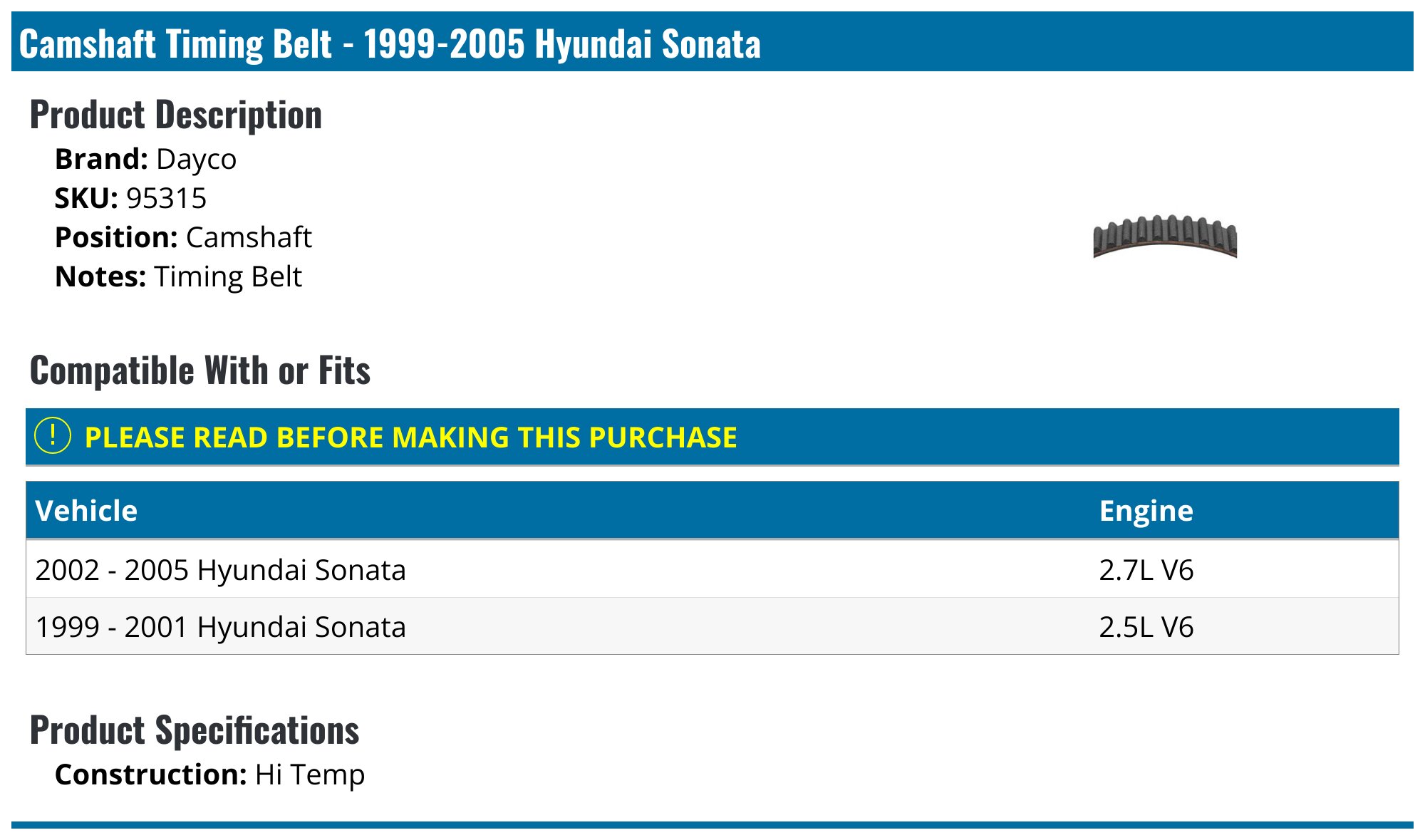 1999-2005 Hyundai Sonata Timing Belt Dayco 95315 Camshaft