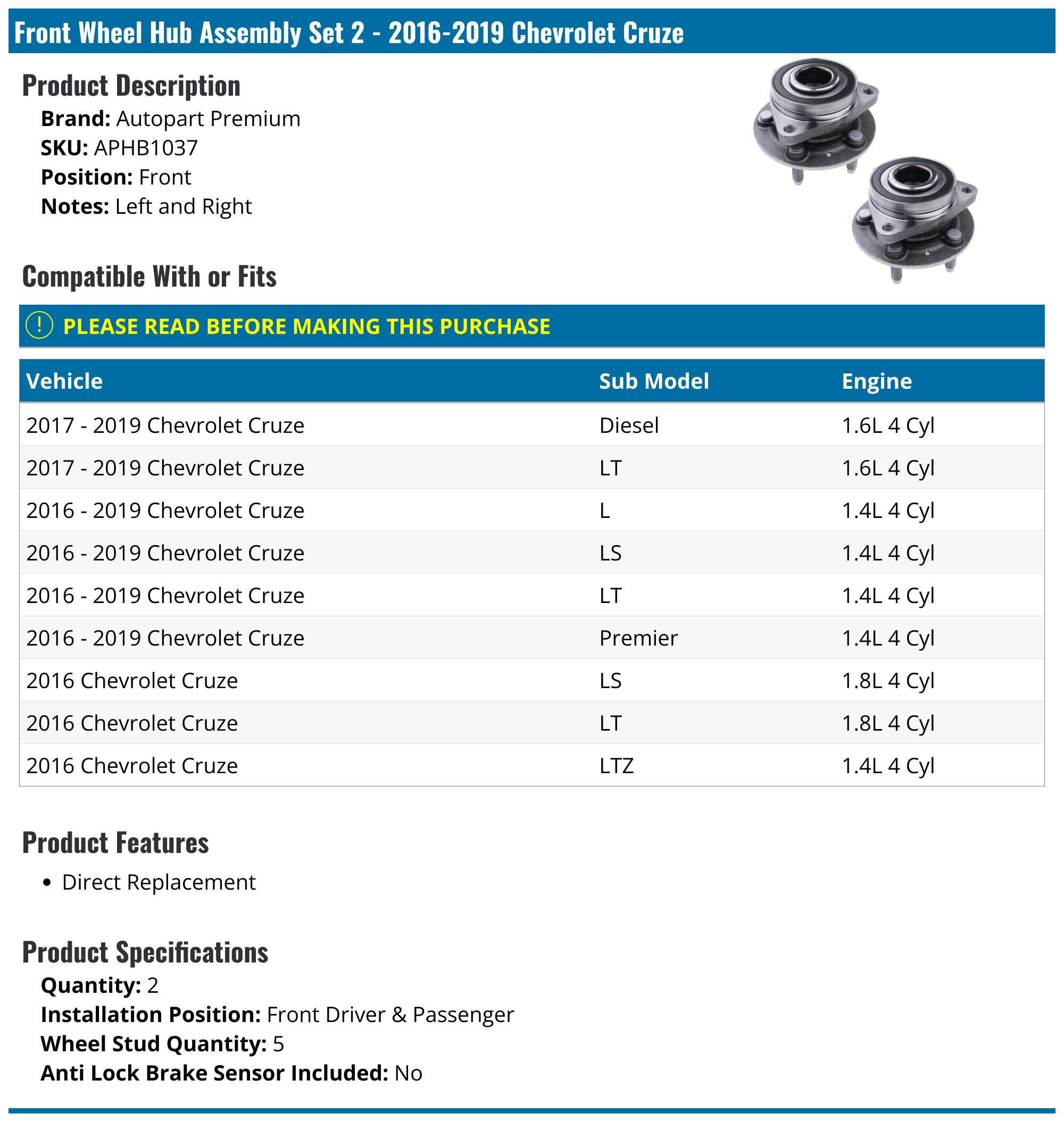 Pair Front Wheel Hub Bearing For Chevy Cruze 2016-2019 1.4L 1.6L 1.8L – CSsunny 11060497 – ABS Included