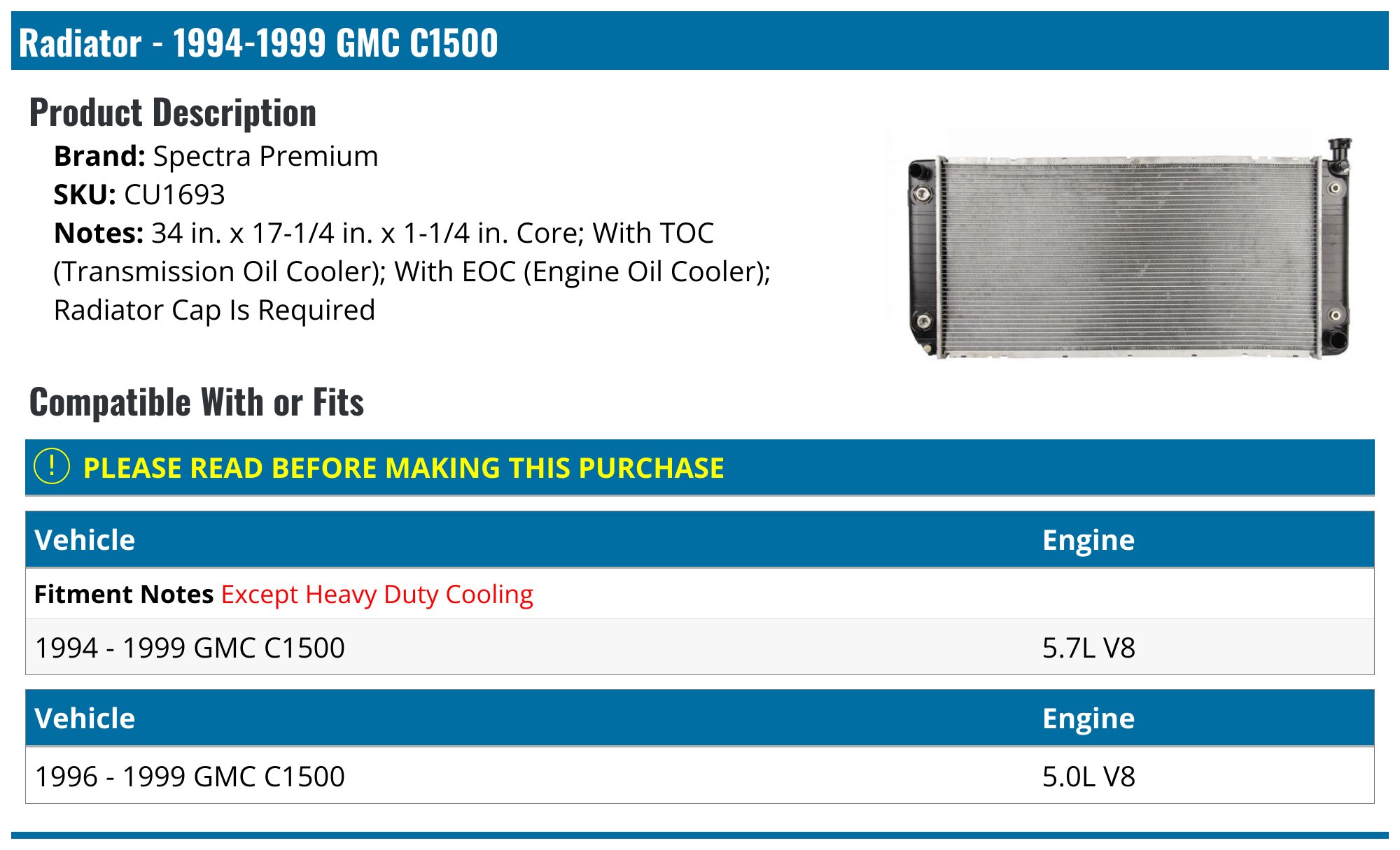 Radiator Chevrolet / GMC New Part No.: 469621 (1135596) | P&E