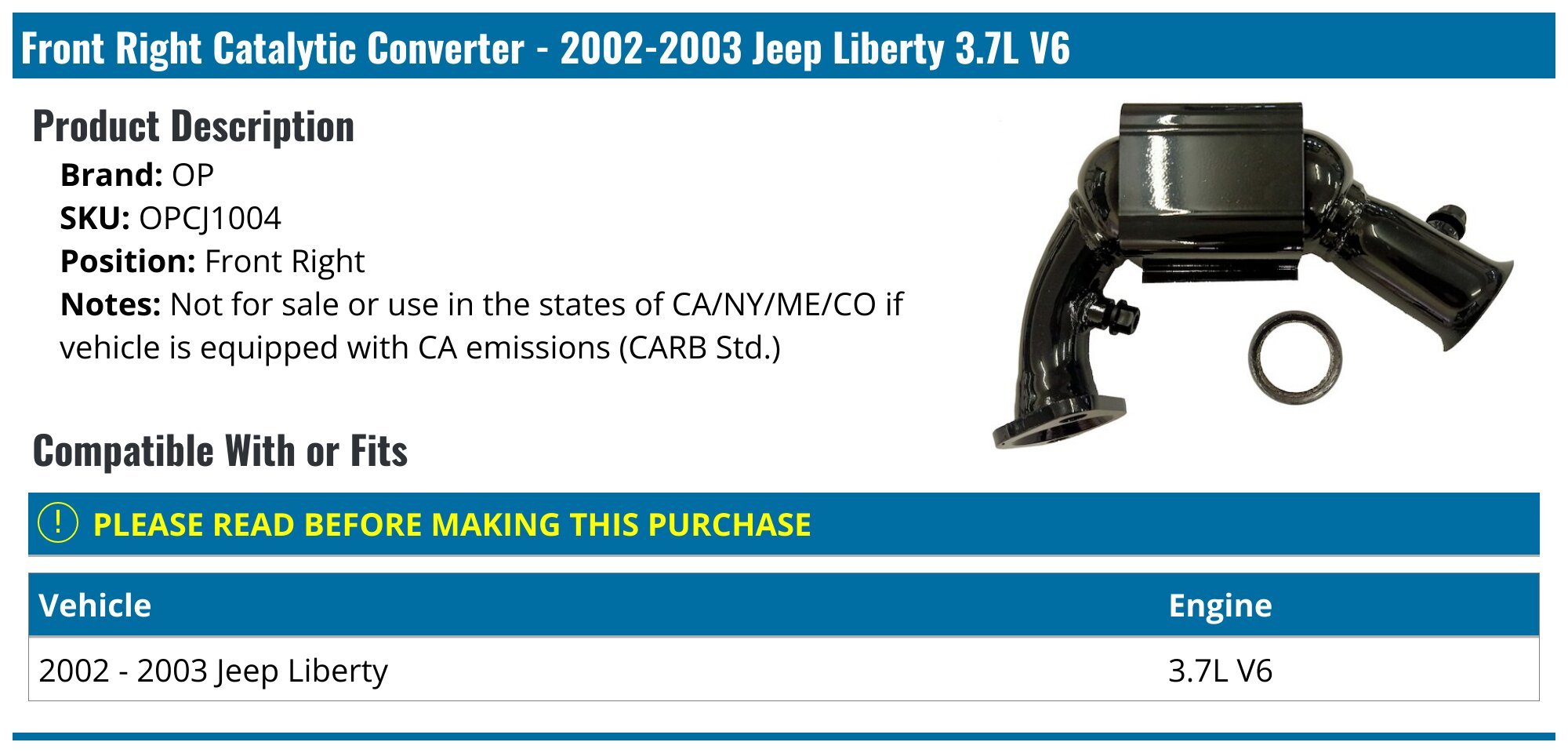 2002-2003 Jeep Liberty Catalytic Converter - OP OPCJ1004 - Front
