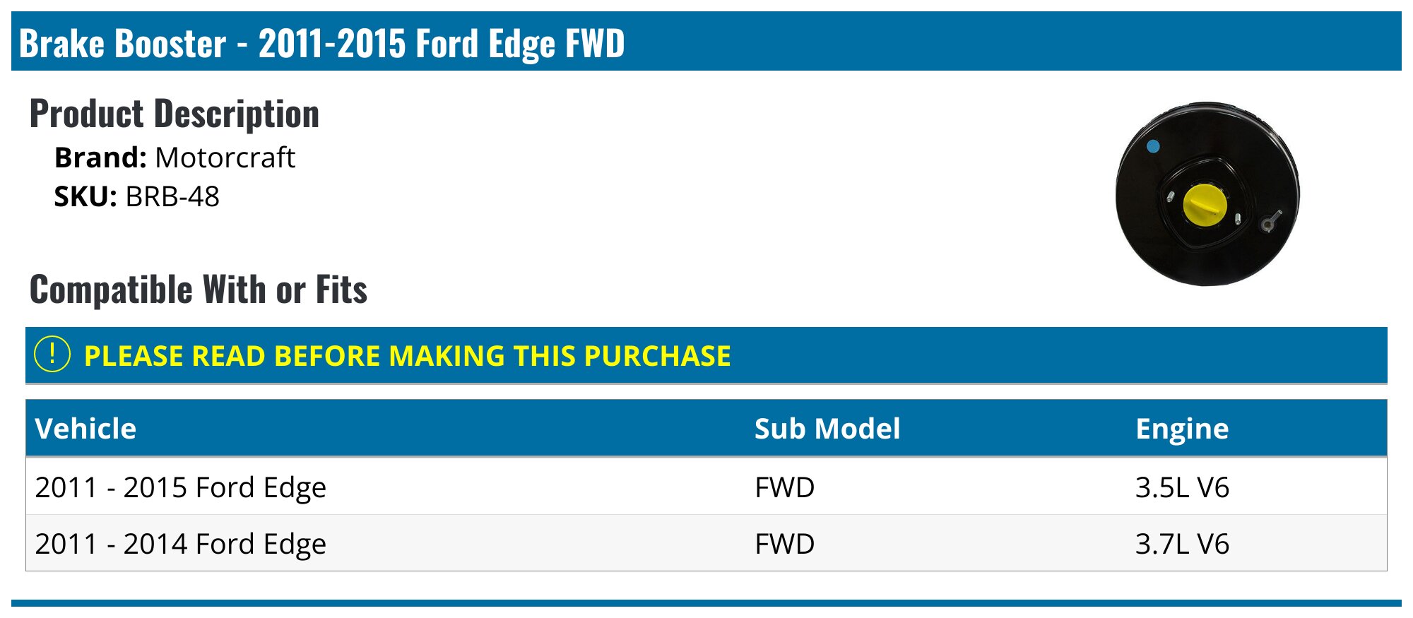 For 2012-2014 Ford Edge Brake Booster Motorcraft 97687FKNT 2013