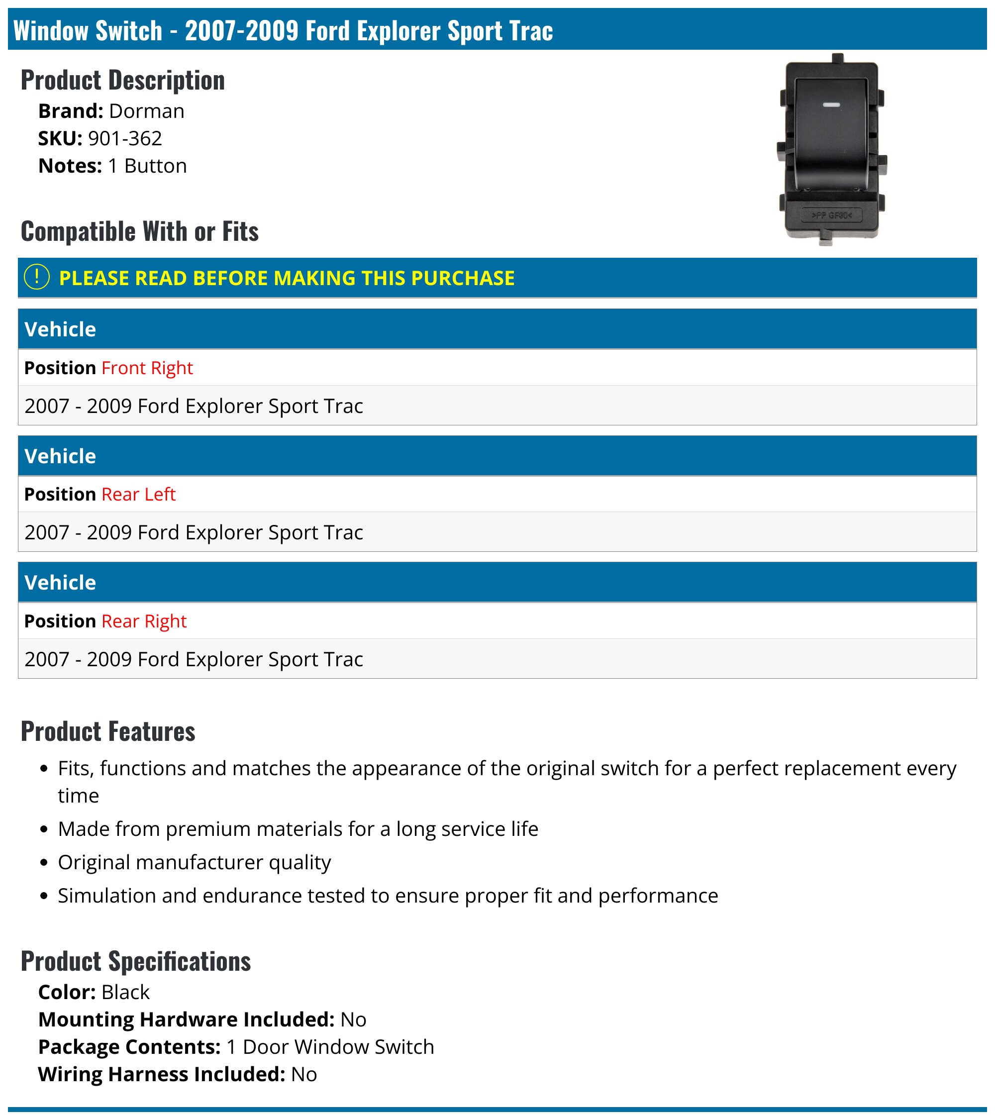 CCIYU Power Window Switch For 2001-2010 Ford Explorer Sport Trac – Front Passenger Side – OE Spec