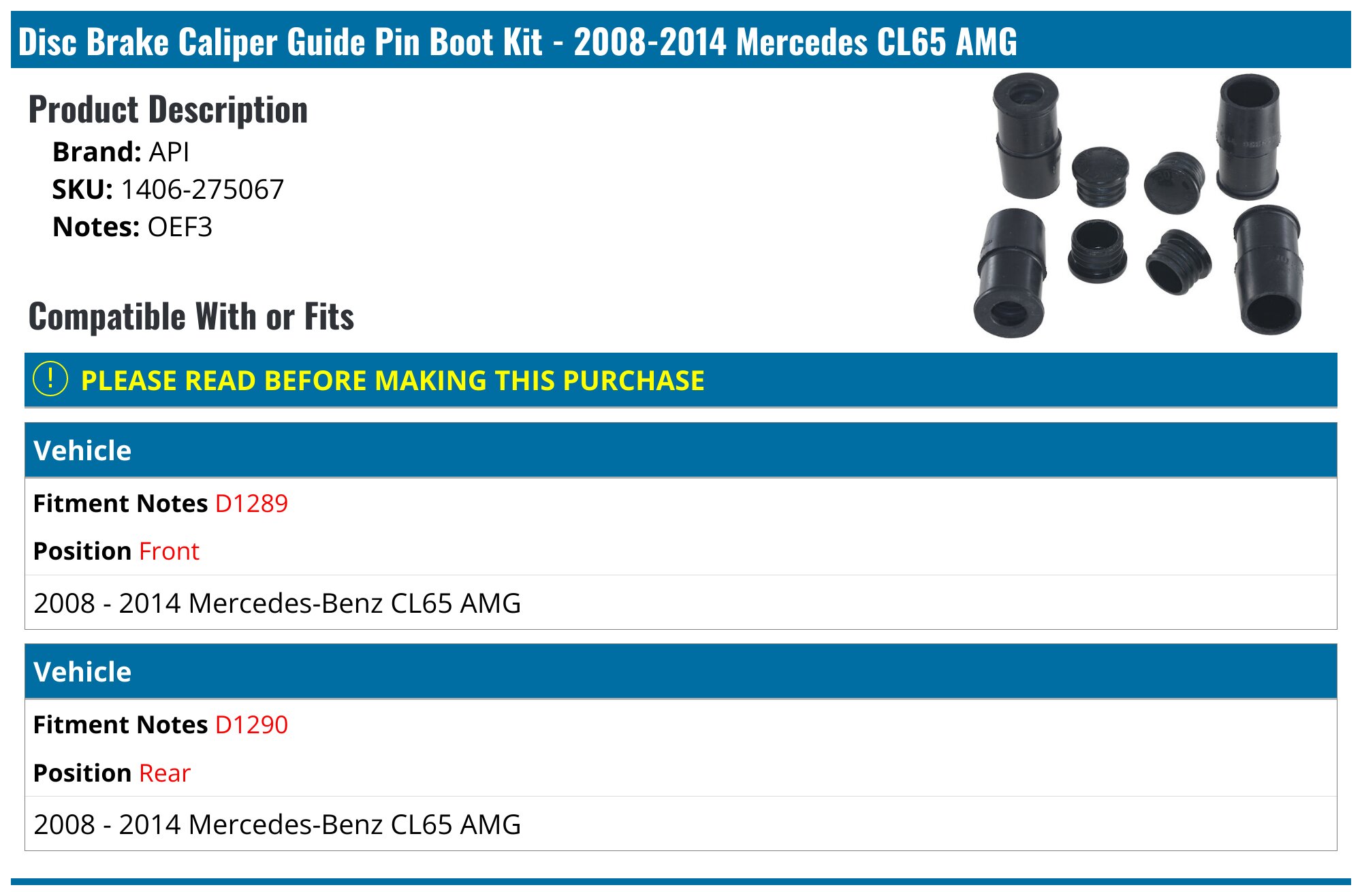 2008-2014 Mercedes CL65 AMG Disc Brake Caliper Guide Pin Boot Kit - API ...