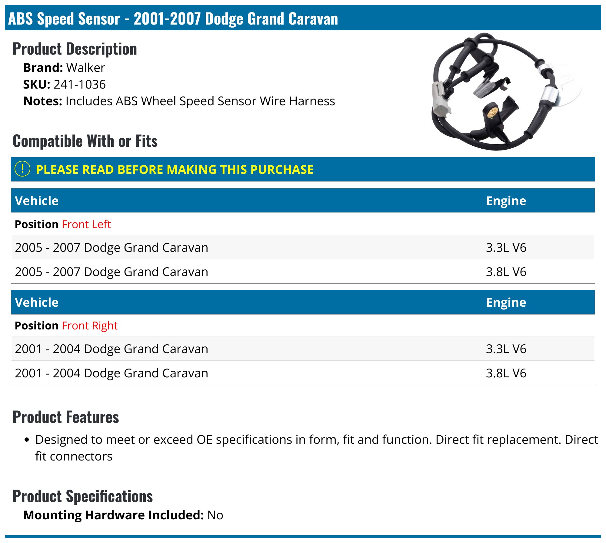 Set Of 2 Front ABS Wheel Speed Sensors Left & Right For Dodge Caravan 2006-2007