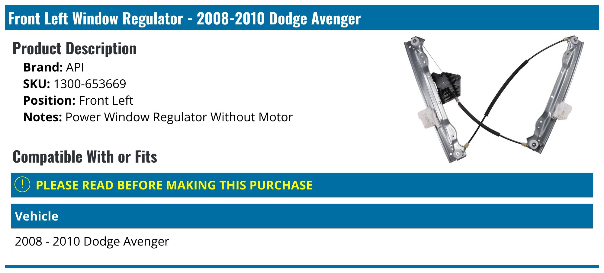 Front Left Window Regulator For 2008-2010 Dodge Avenger - Without Motor, Manual Operation