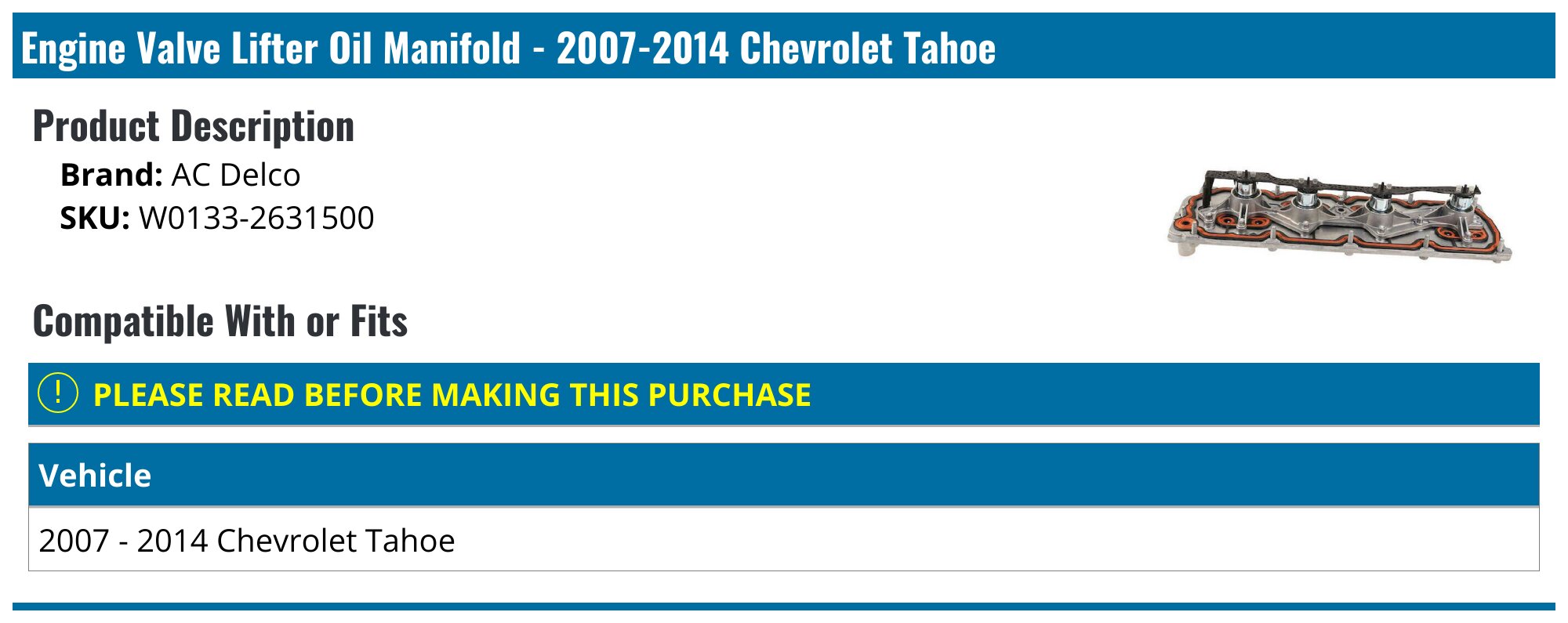 20072014 Chevrolet Tahoe Engine Valve Lifter Oil Manifold AC Delco