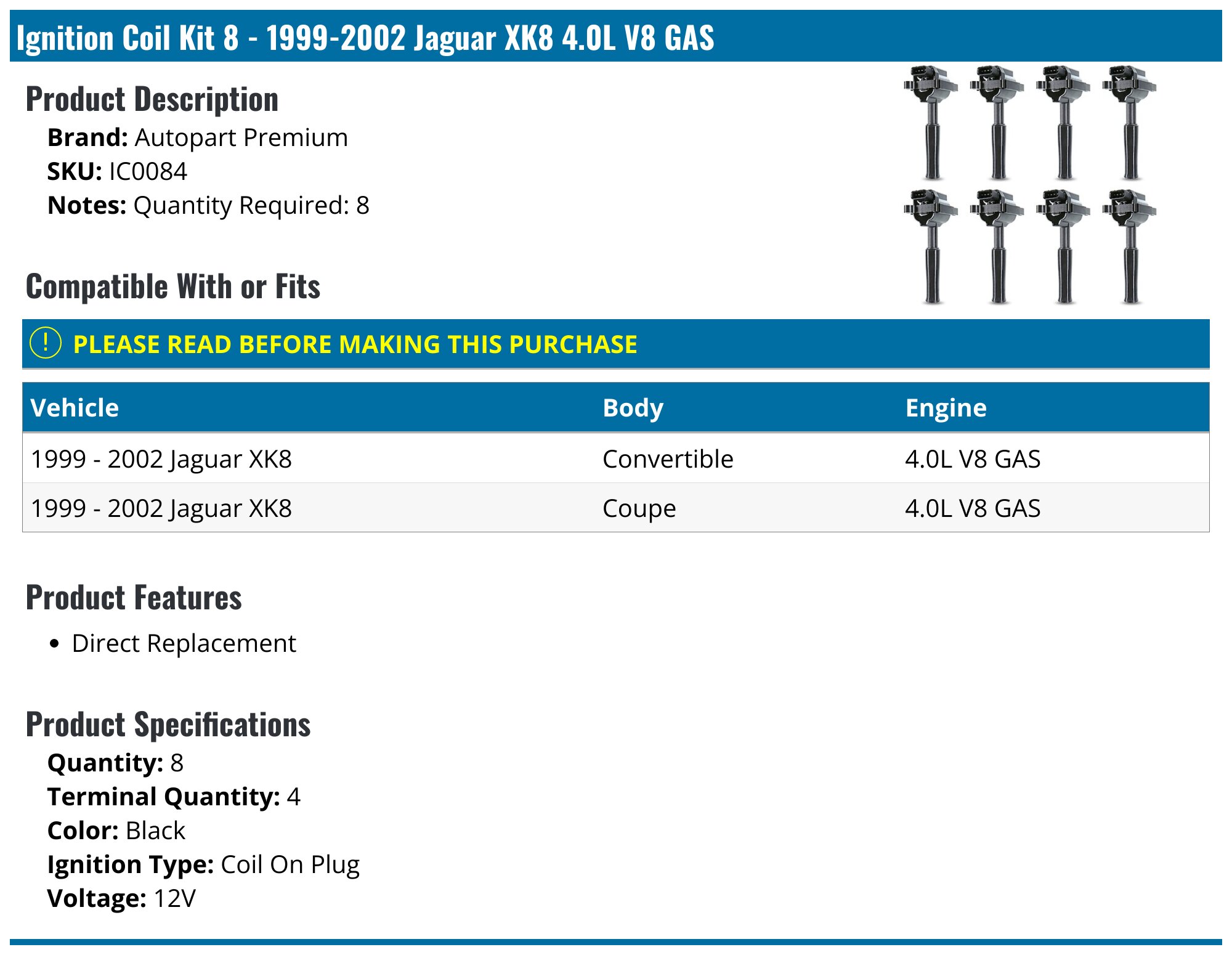 8x AST Ignition Coil Pack Set For Jaguar XK8 X100 4.0 Petrol (1996-2002) - Pencil Coils